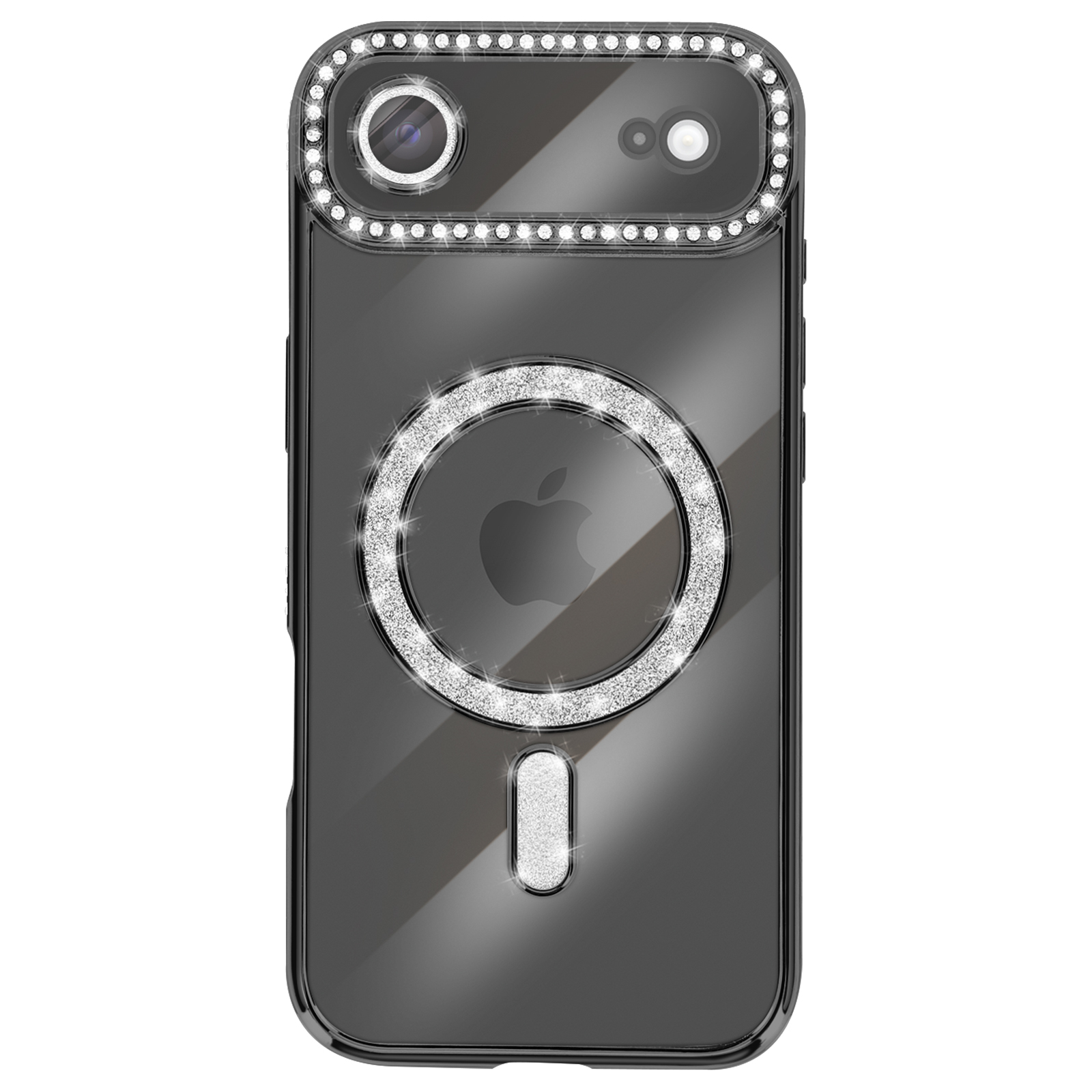 Een telefoonhoesje met een zwarte achtergrond, een zilveren ring en een cirkel van kristallen rond de camera.