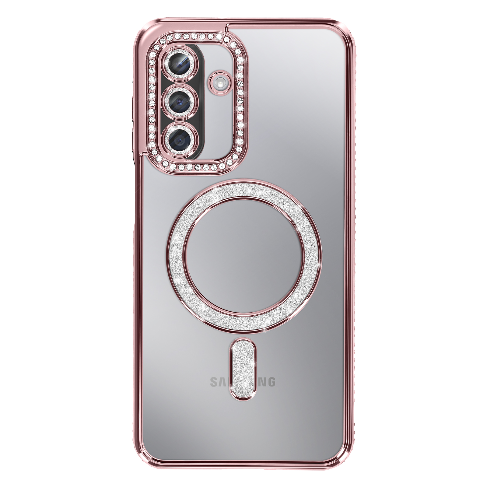Une coque de téléphone or rose avec des cristaux autour de la caméra et un anneau. Logo Samsung visible.