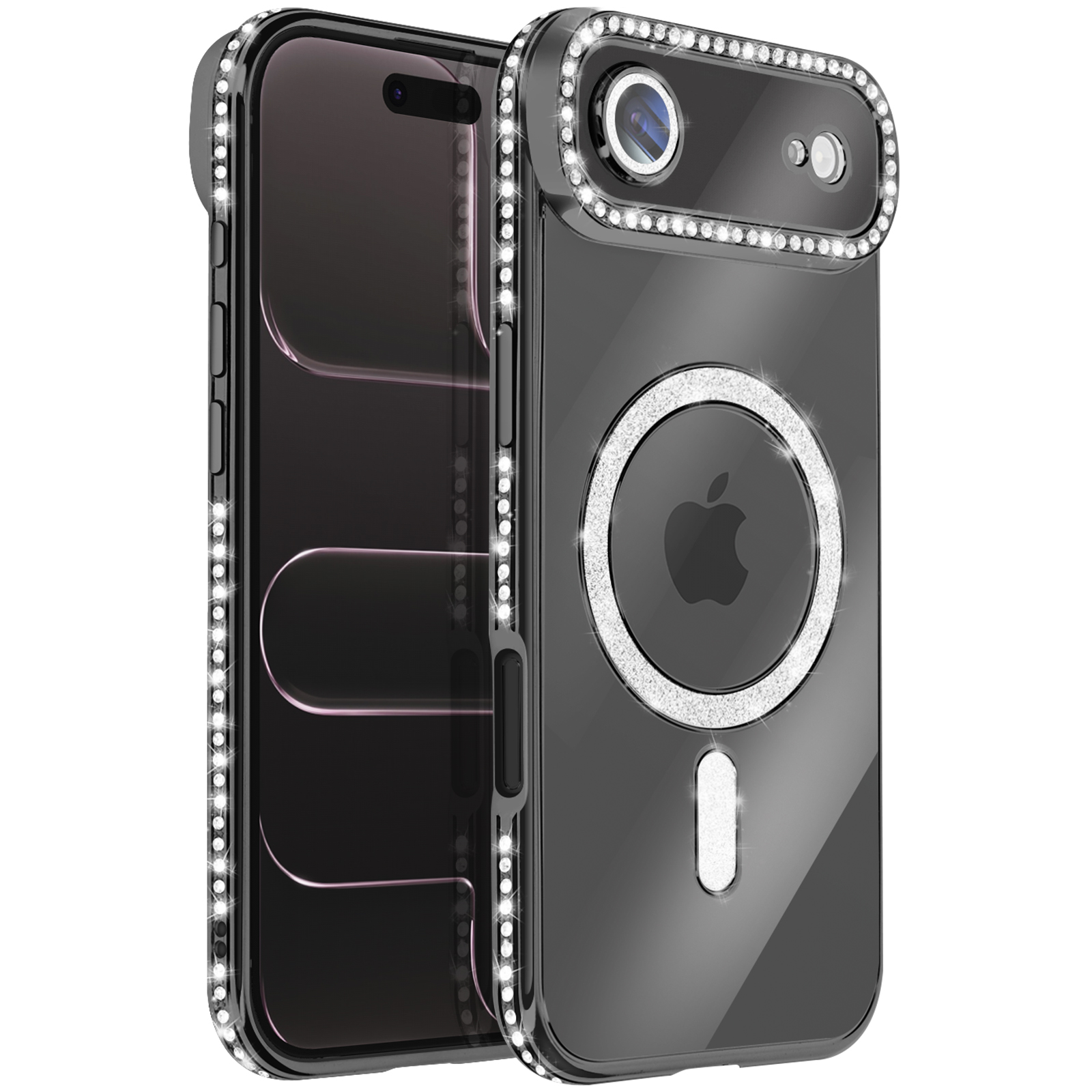 Een zwarte telefoonhoes met een camera-uitsparing, versierd met sprankelende kristallen. Het Apple-logo is zichtbaar.
