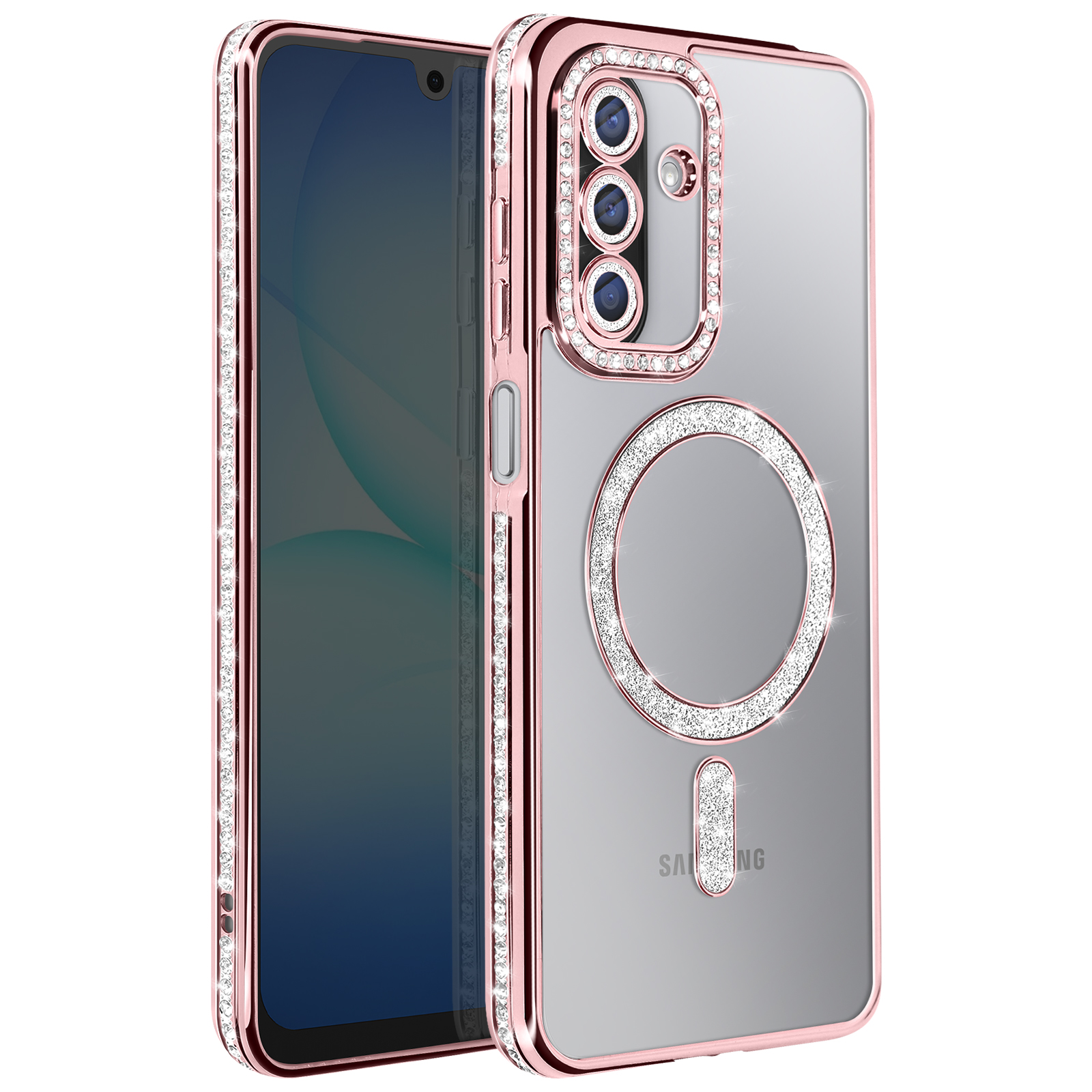 Une coque de téléphone or rose avec des strass étincelants. Le téléphone est dans la coque. La coque a un anneau de caméra et un cercle.