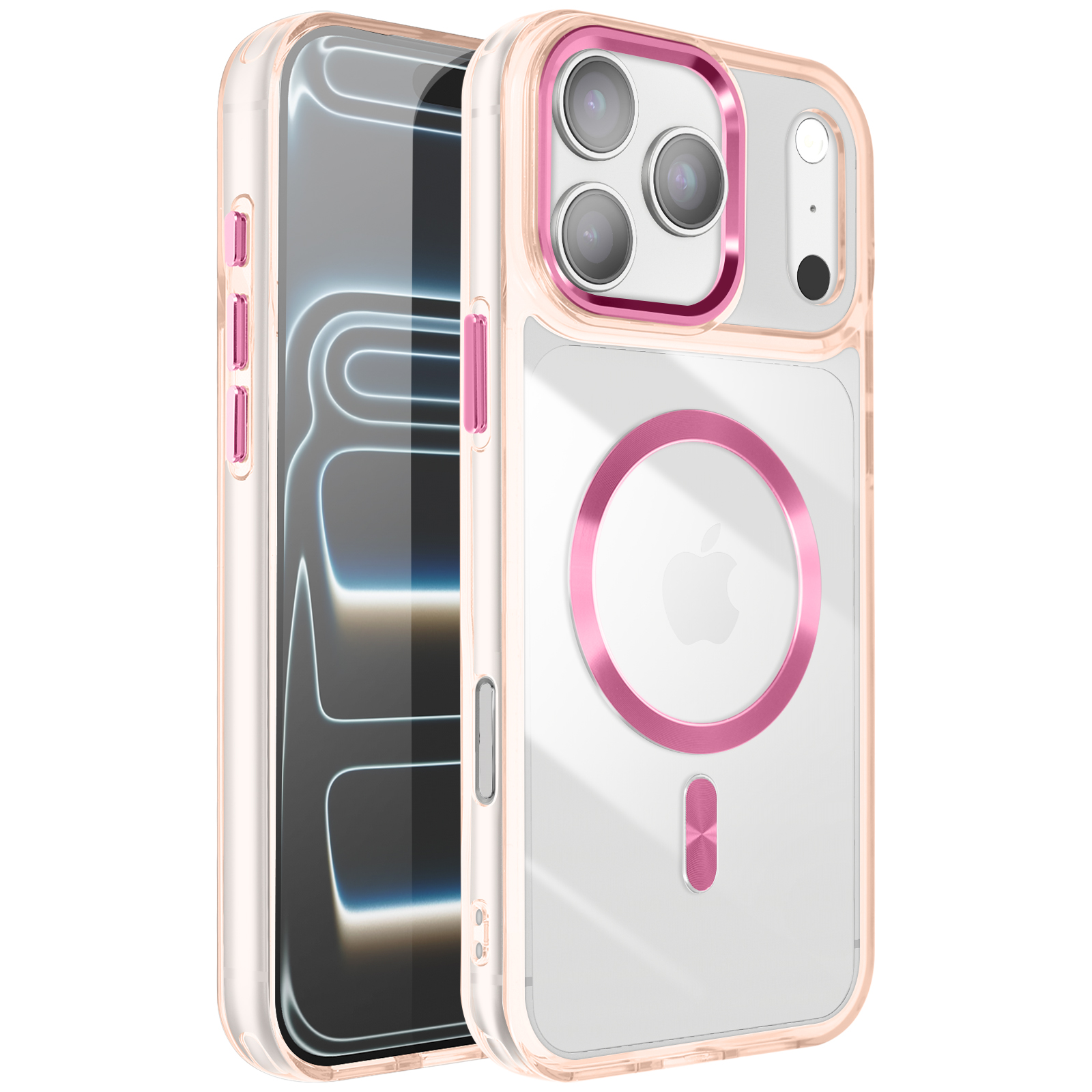 Transparante telefoonhoes met roze accenten, twee telefoons. Eén met scherm, één met hoes.