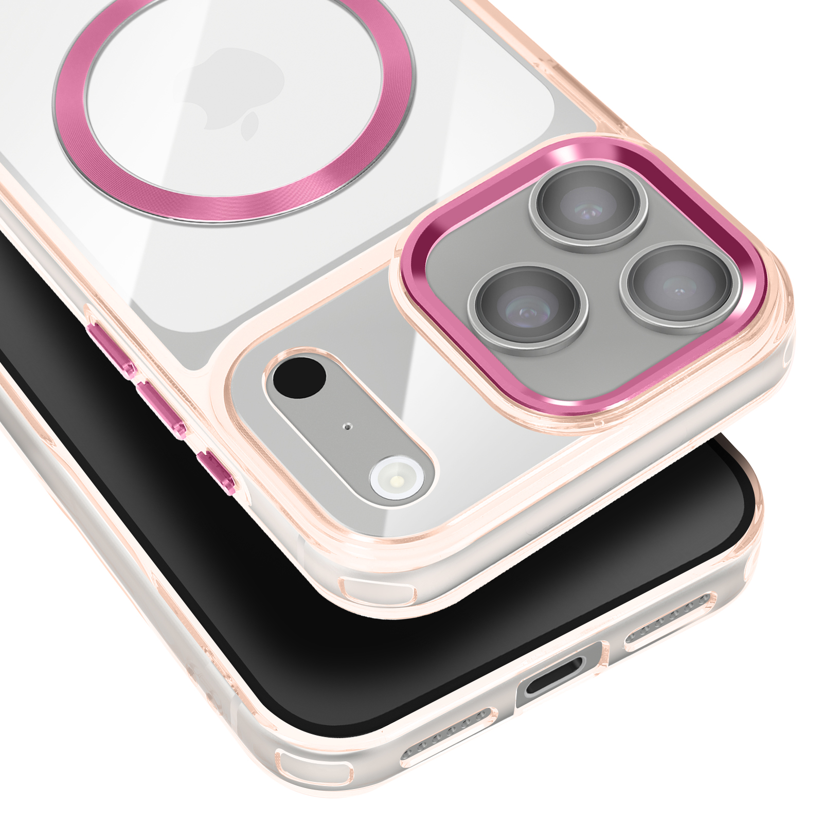 Een doorzichtige telefoonhoes met roze accenten, in twee lagen. Het toont de cameralenzen en knoppen. De achtergrond is wit.