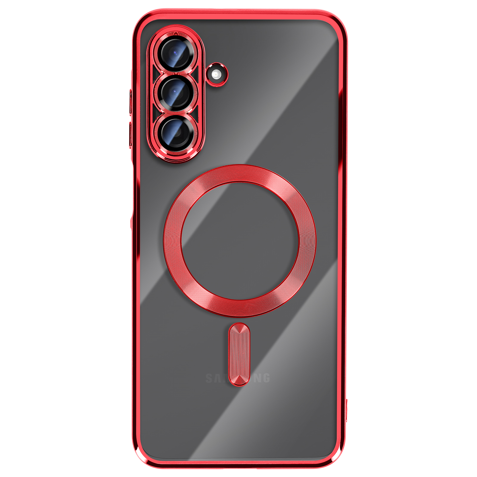 Een rode telefoonhoes met een doorzichtige achterkant en een rode cameralensring. De hoes heeft een magneetring.