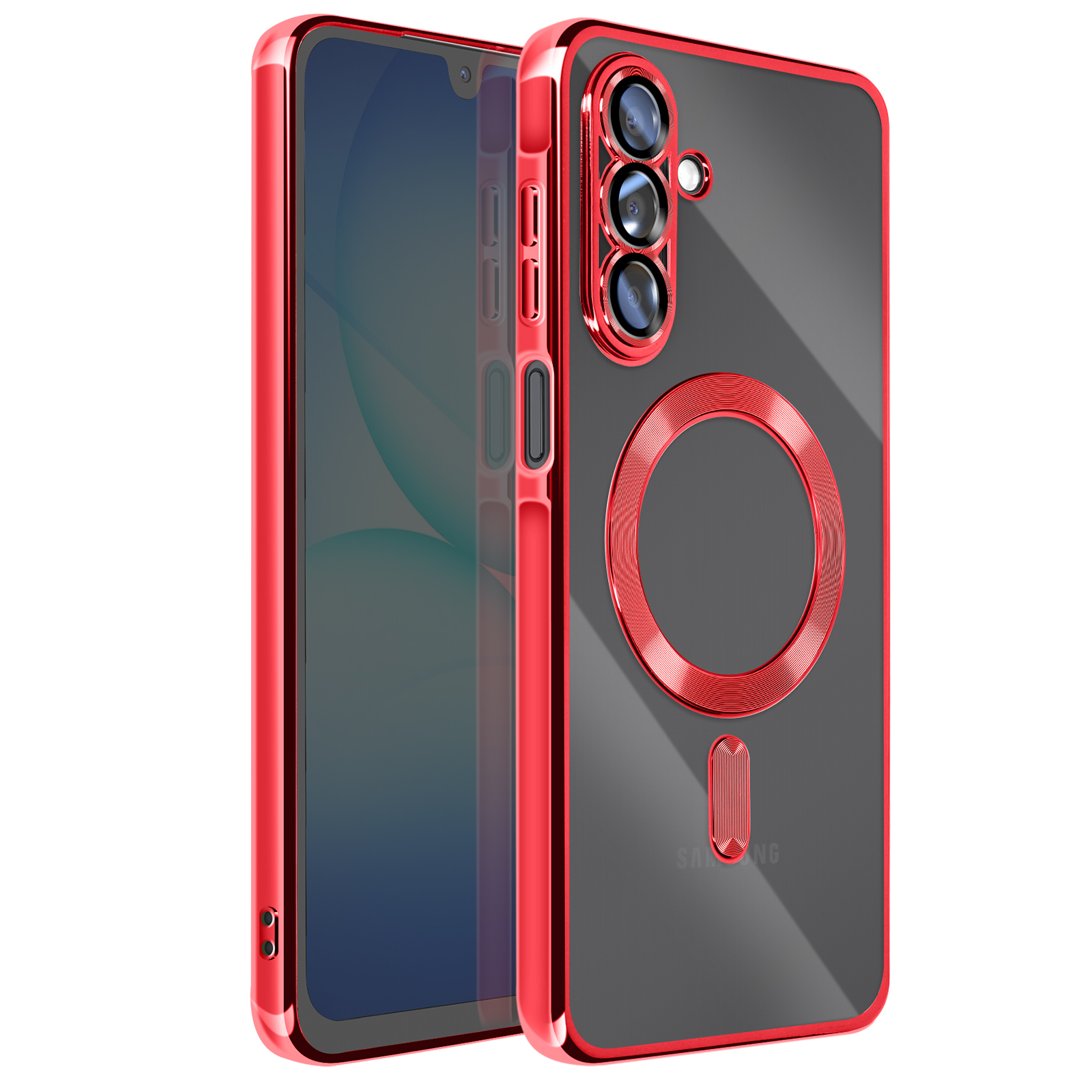 Rode telefoonhoes met een doorzichtige achterkant en zwart scherm. Het heeft een rood frame en accenten. De telefoonhoes heeft een cirkelvormig ontwerp.