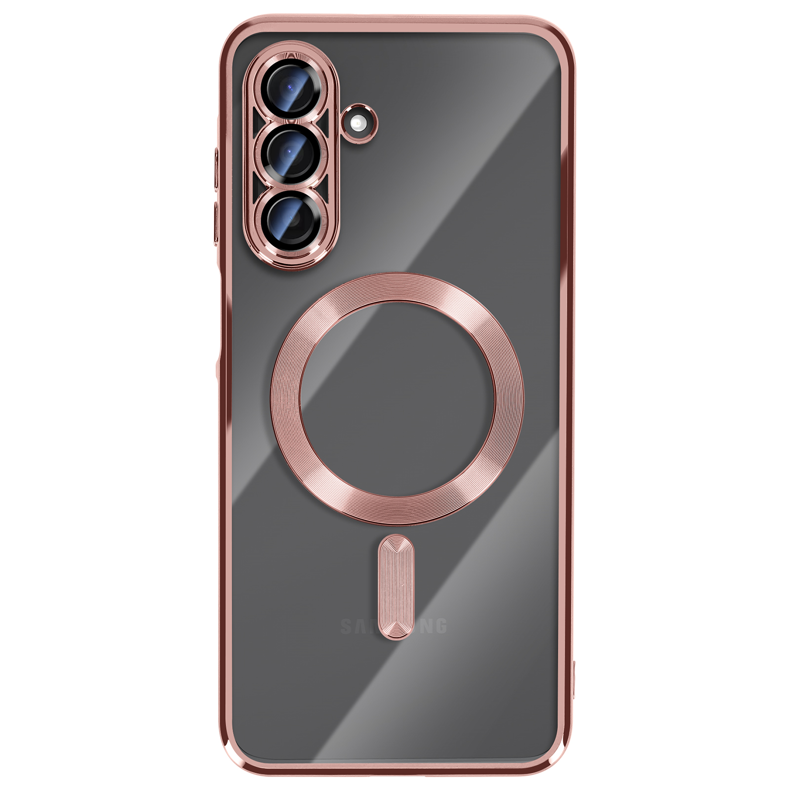 Een roségouden telefoonhoesje voor een Samsung telefoon. Het heeft een magnetische ring en een cameramodule.