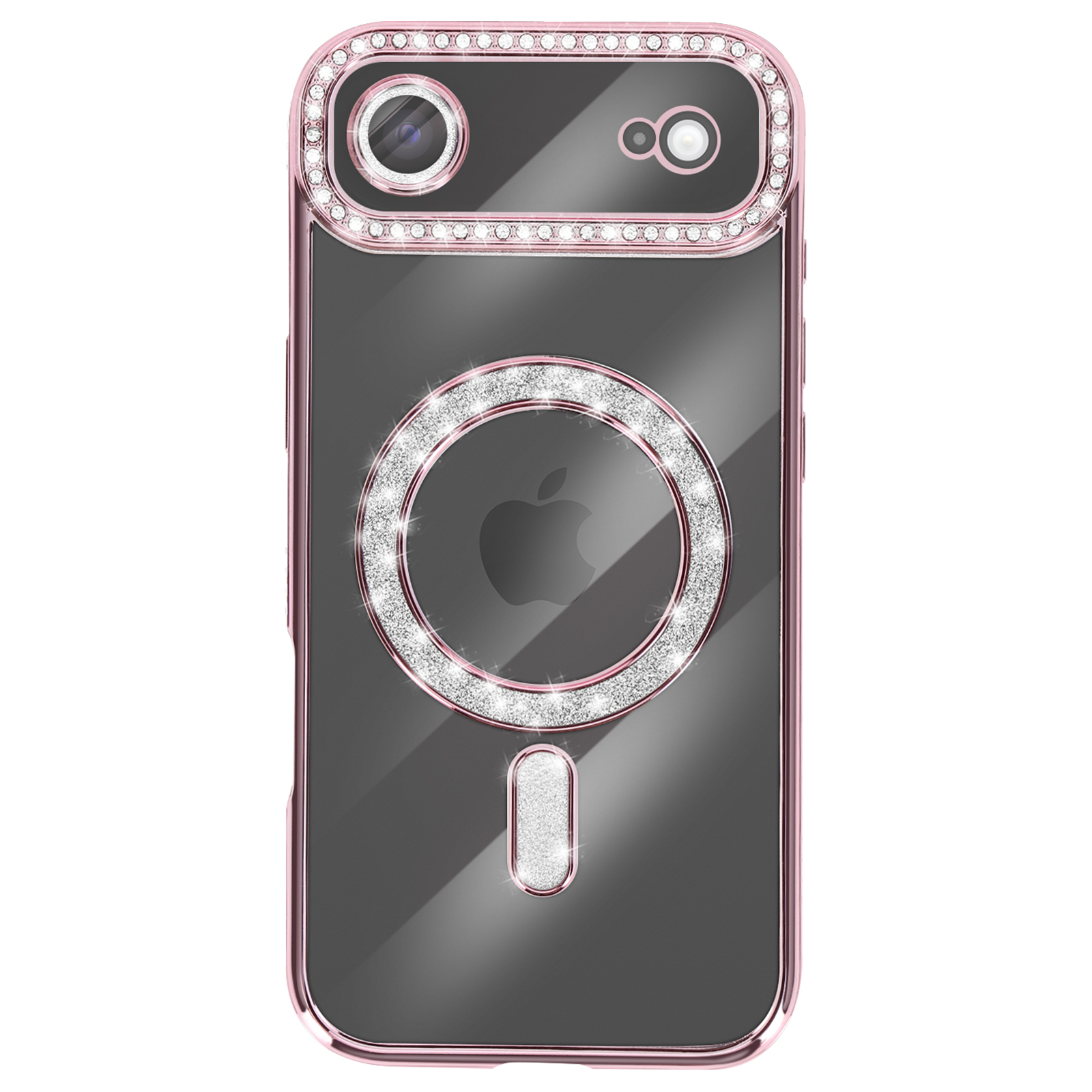 Een telefoonhoesje met roze randen en een doorzichtige achterkant. Versierd met strass rond de camera en het draadloze oplaadgedeelte.
