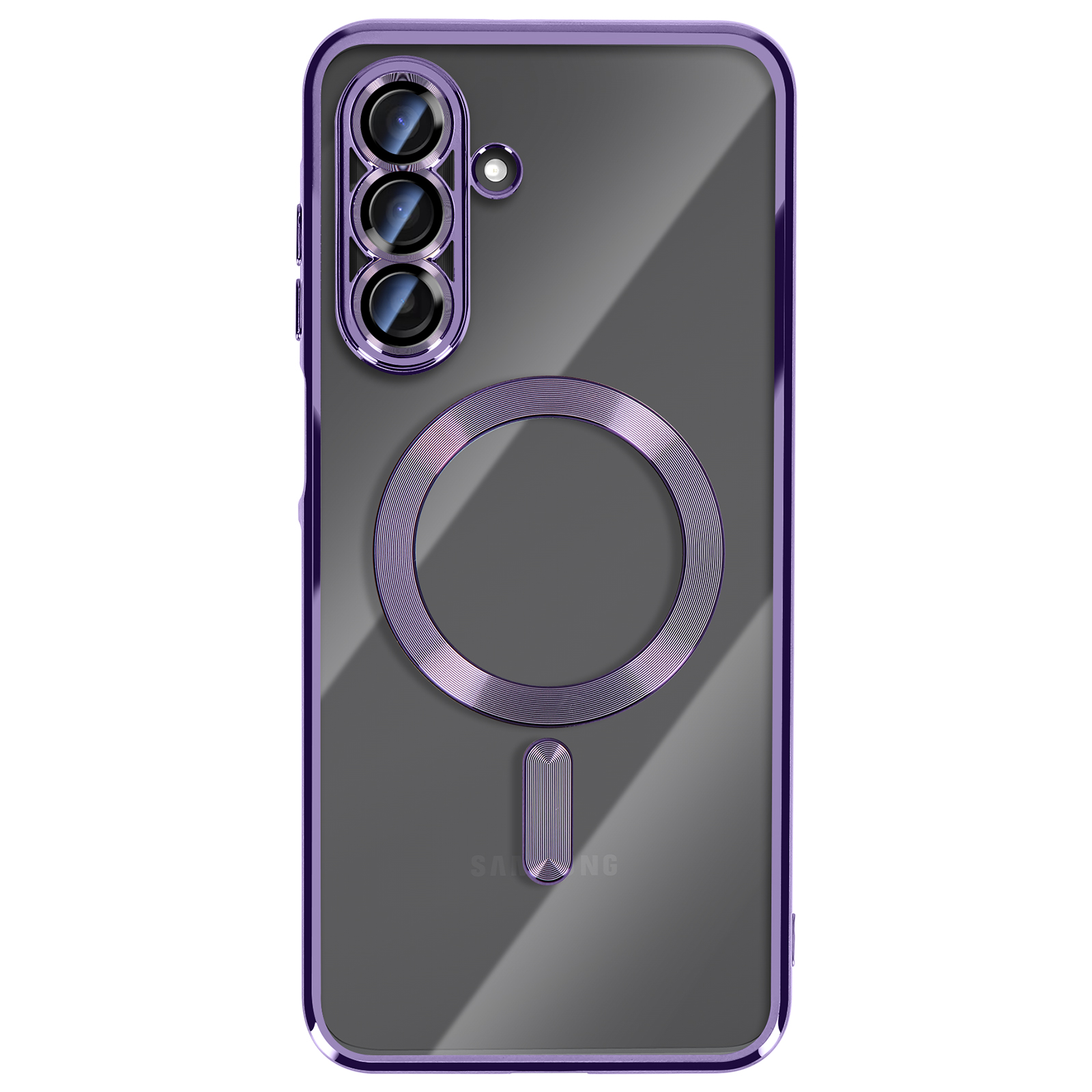 Transparante telefoonhoes met paarse rand, cameralenzen en een cirkelvormige magnetische bevestiging.