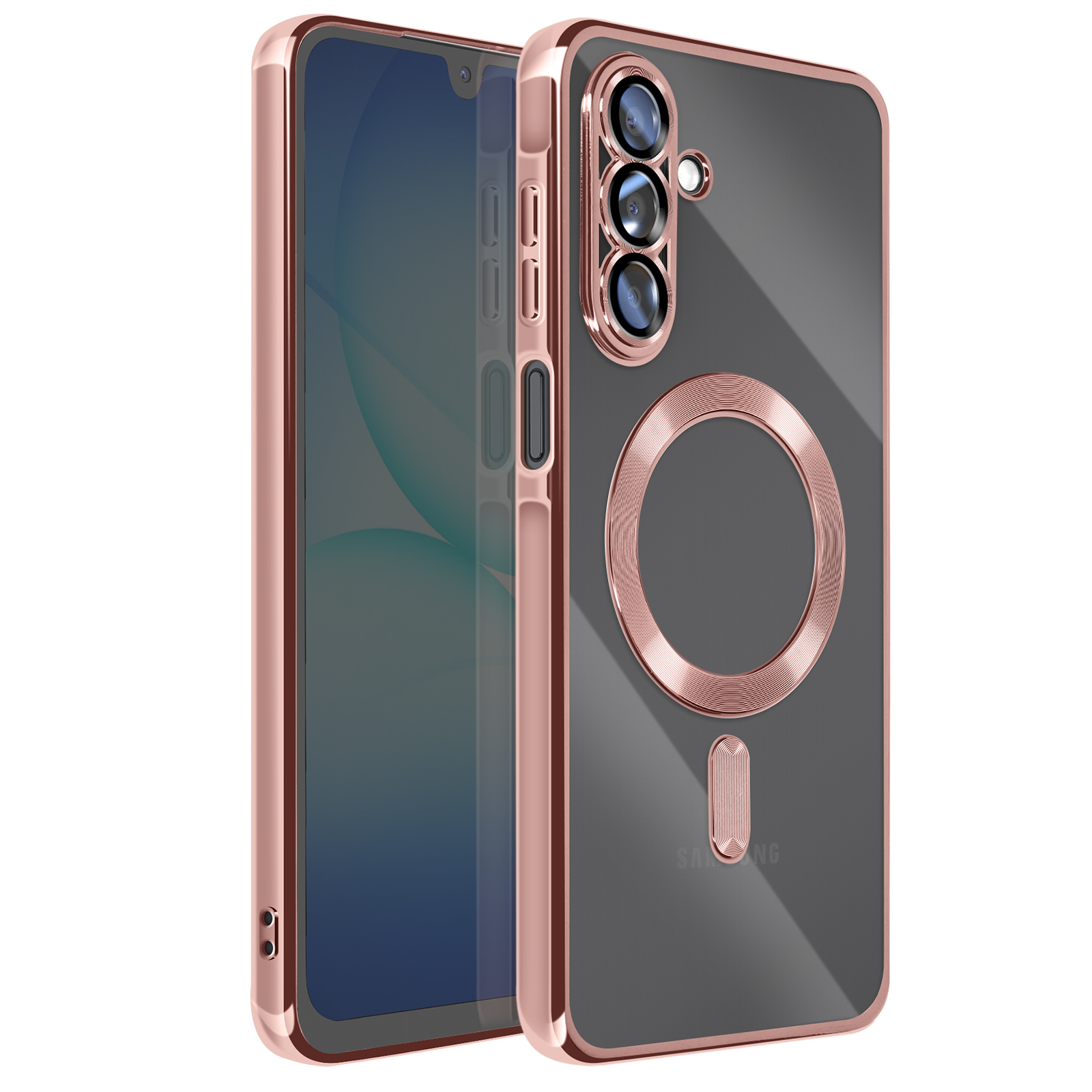 Roségouden telefoonhoesje met een doorzichtige achterkant. Drie cameralenzen, magnetische ring en knoppen zichtbaar.