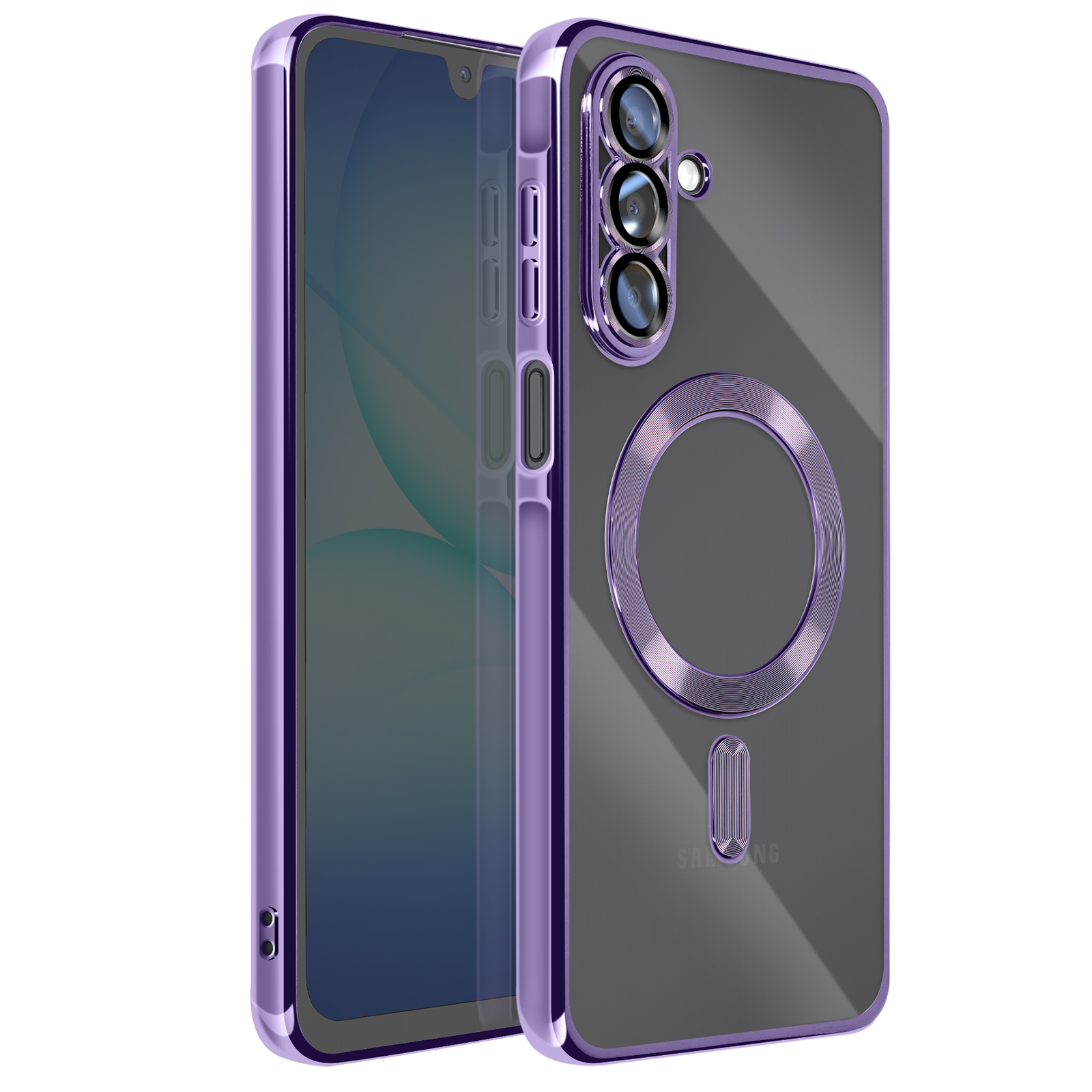 Een paarse telefoonhoes met een doorzichtige achterkant en een paars frame. Drie cameralenzen zijn zichtbaar. Het scherm van de telefoon is zichtbaar.
