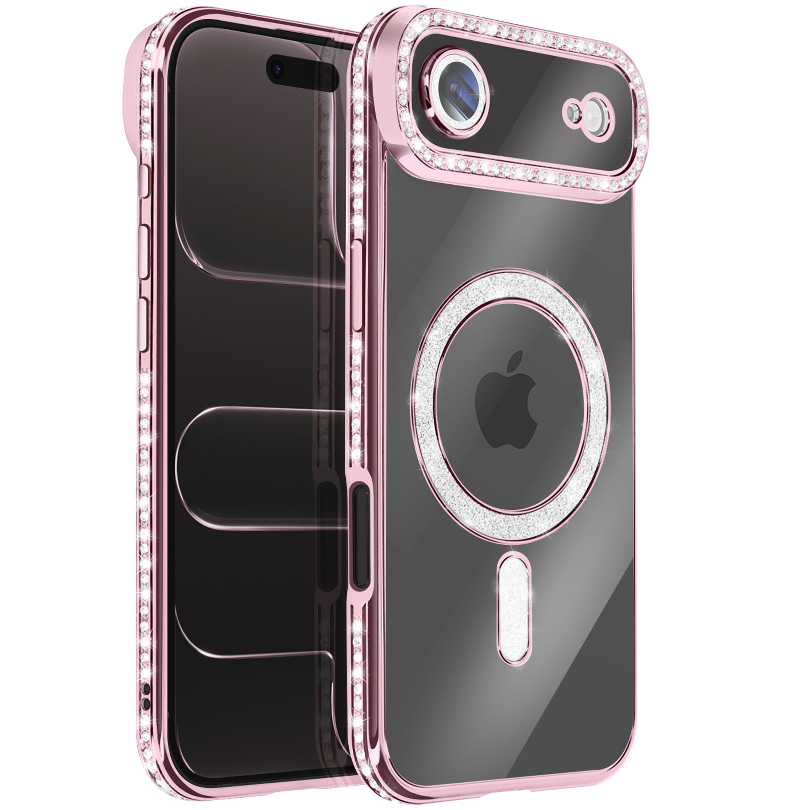 Roze telefoonhoesje met transparante achterkant, strass-steentjes en Apple-logo op witte achtergrond.