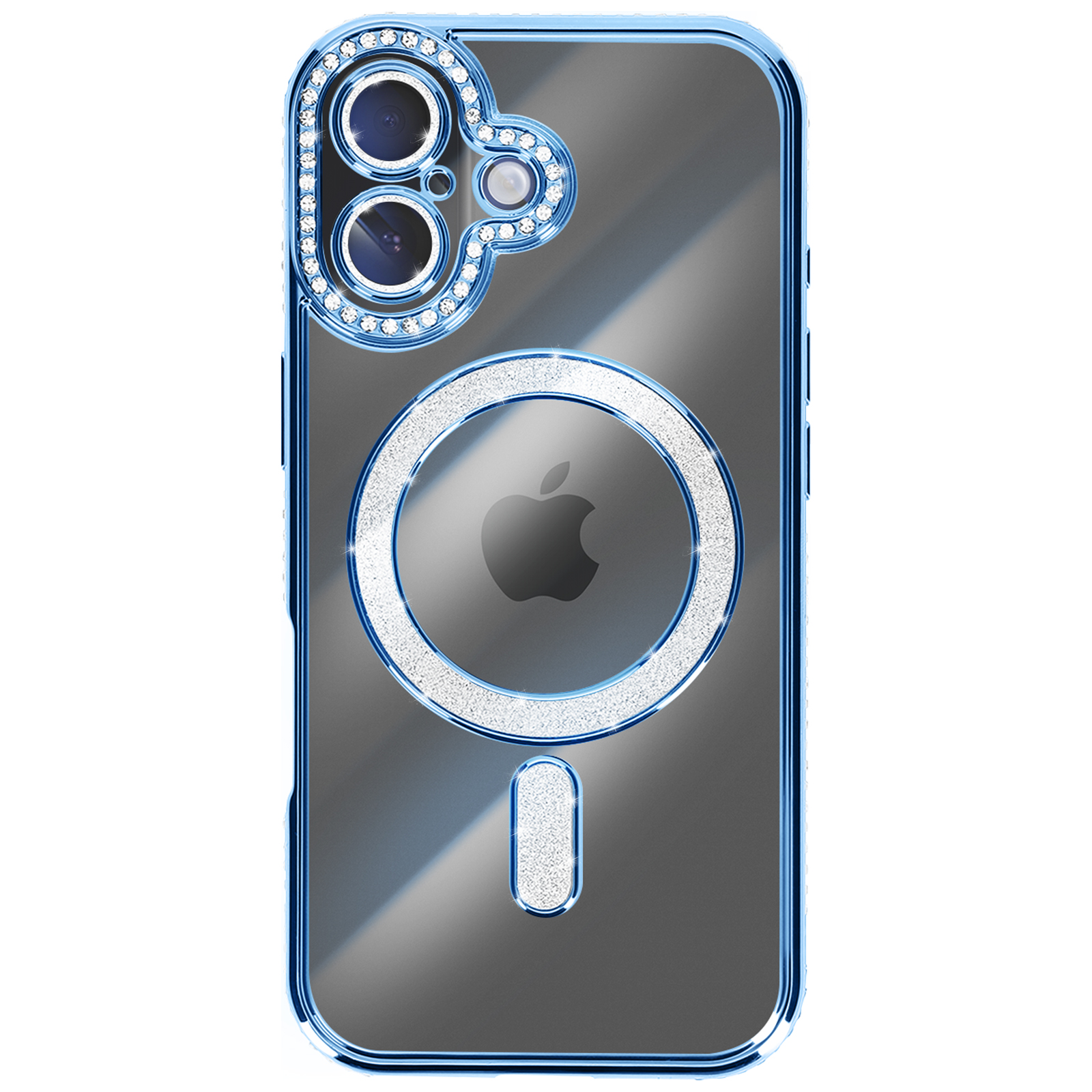 Une coque transparente pour iPhone avec bordure bleue, cercle de caméra et cercle MagSafe, le tout décoré de paillettes argentées.