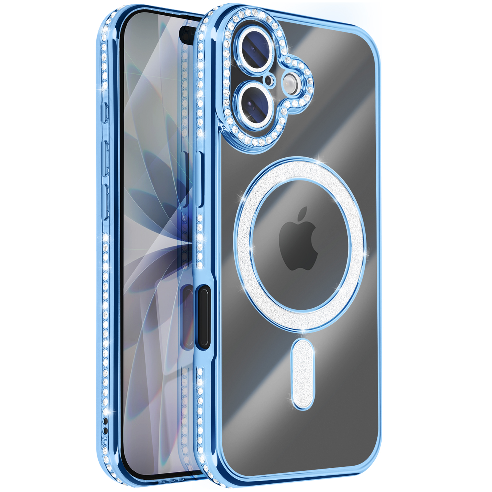 Coque iPhone bleue avec strass. Elle a un dos transparent avec un logo Apple et un cadre bleu.