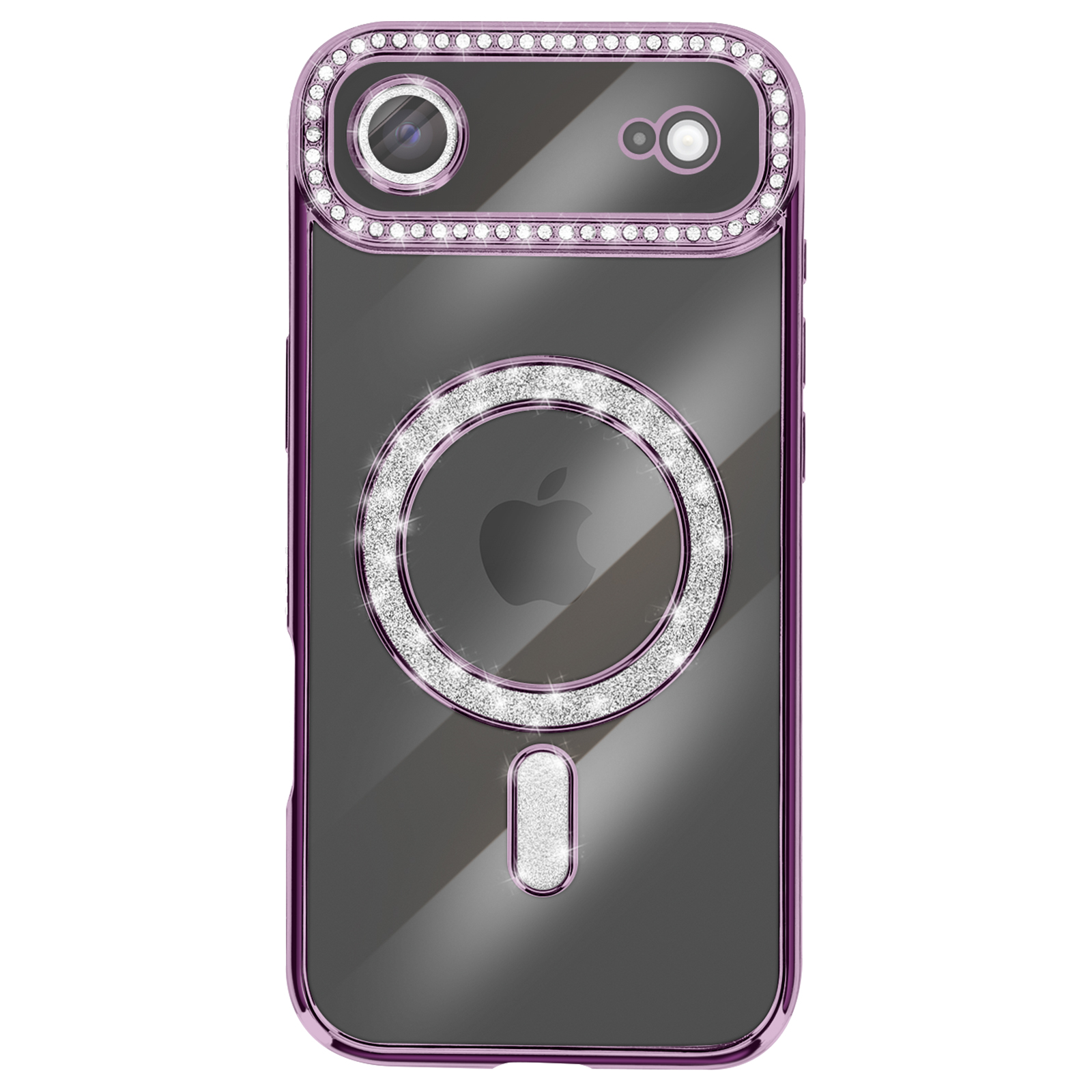 Een telefoonhoesje met een paars frame en kristallen versieringen. Het heeft een cirkel en een rechthoek met kristallen.