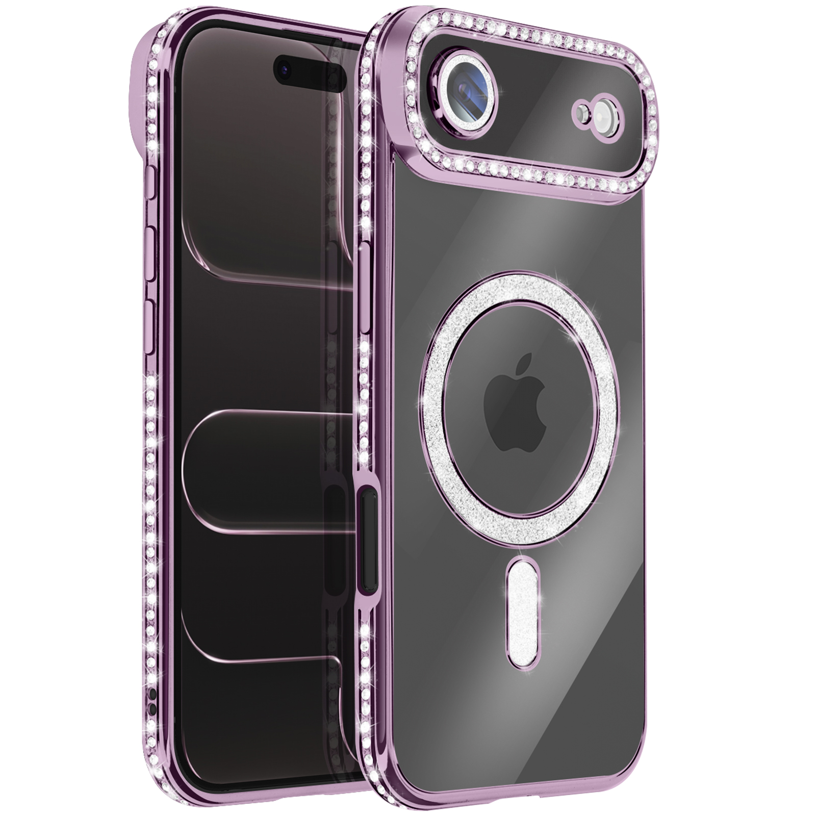 Een telefoonhoesje, paars frame met edelstenen, doorzichtige achterkant. Apple logo. Cameraring is bezet met edelstenen. De telefoon is zichtbaar.