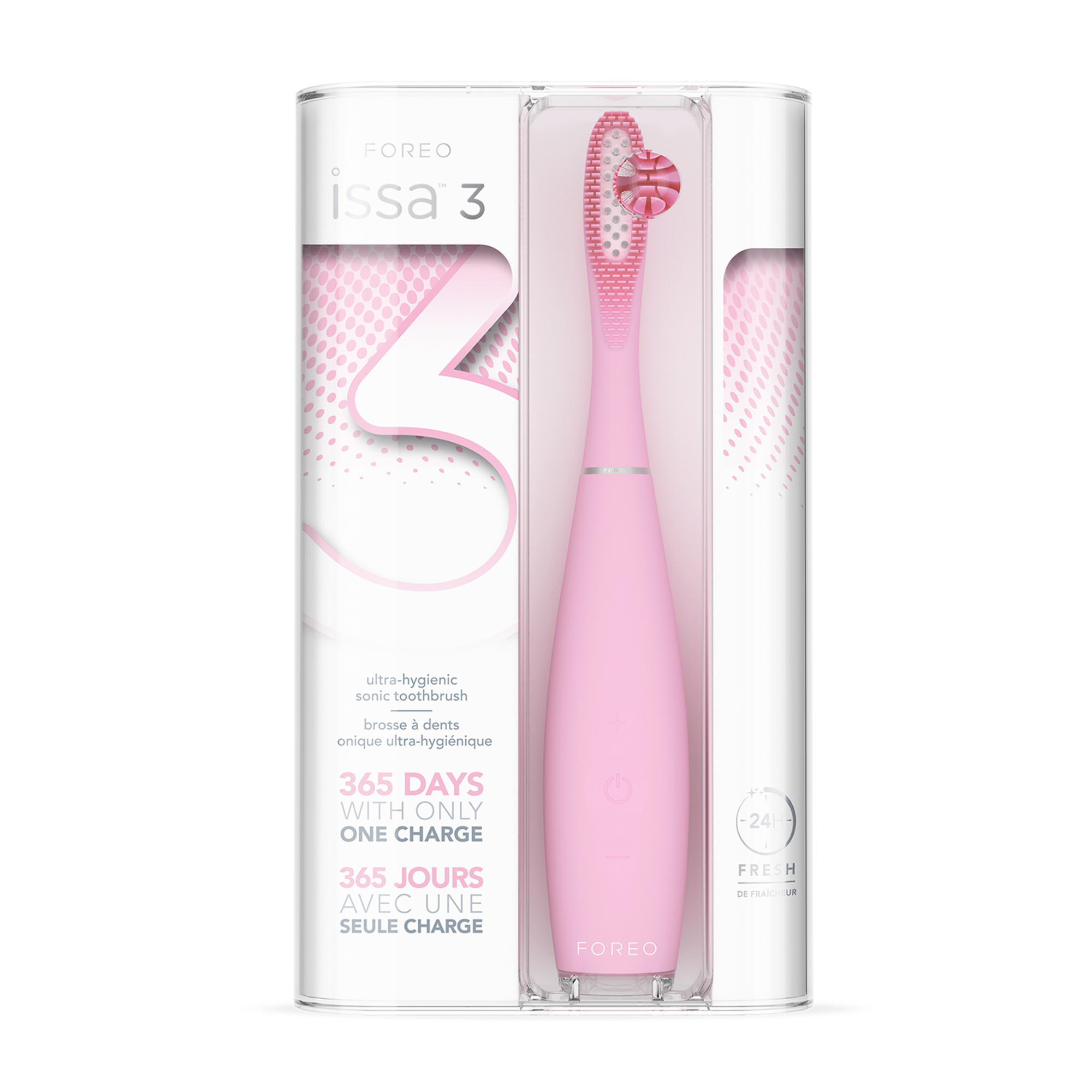 Un cepillo de dientes rosa Foreo Issa 3 en su embalaje transparente. El texto del embalaje describe las características.