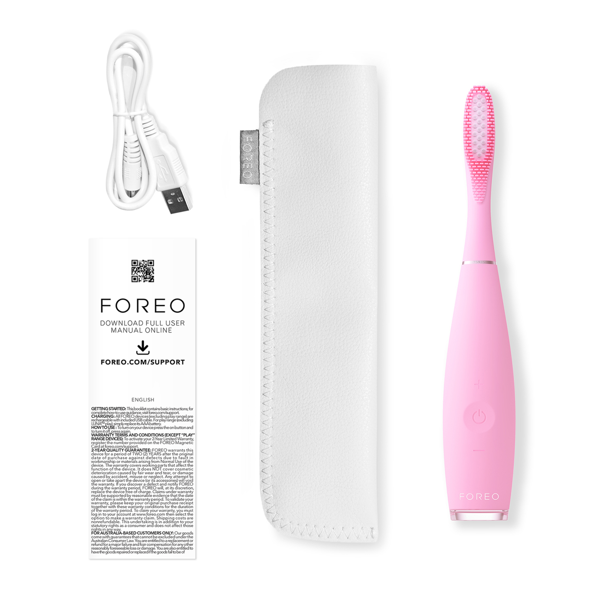 Un cepillo de dientes eléctrico rosa, cable USB, estuche blanco y hoja de información del producto sobre fondo blanco.