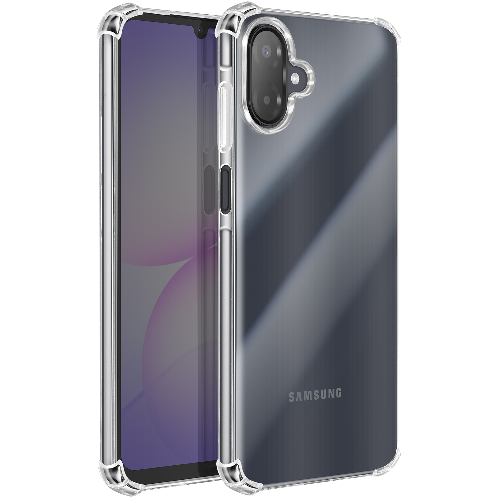 Una custodia trasparente protegge uno smartphone. Lo schermo del telefono è visibile, con il logo Samsung.