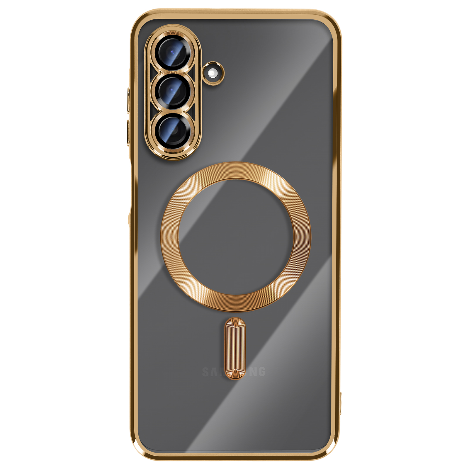 Een telefoonhoesje met een gouden frame en accenten. Het heeft een gouden ring en een gouden rechthoek op een grijze achtergrond.