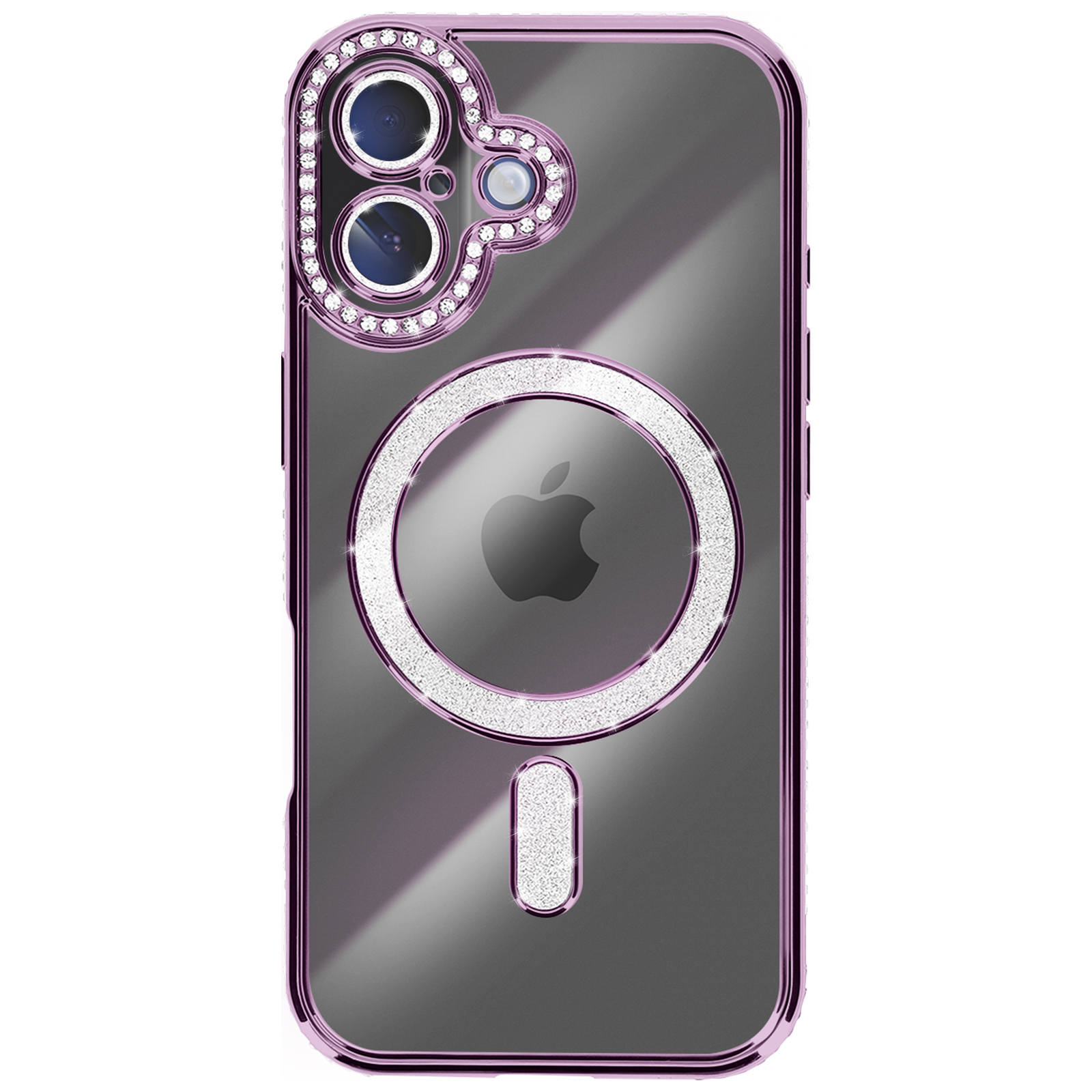 Une coque iPhone transparente avec un cadre violet. Elle comporte une zone caméra ornée de diamants et un cercle brillant avec le logo Apple.