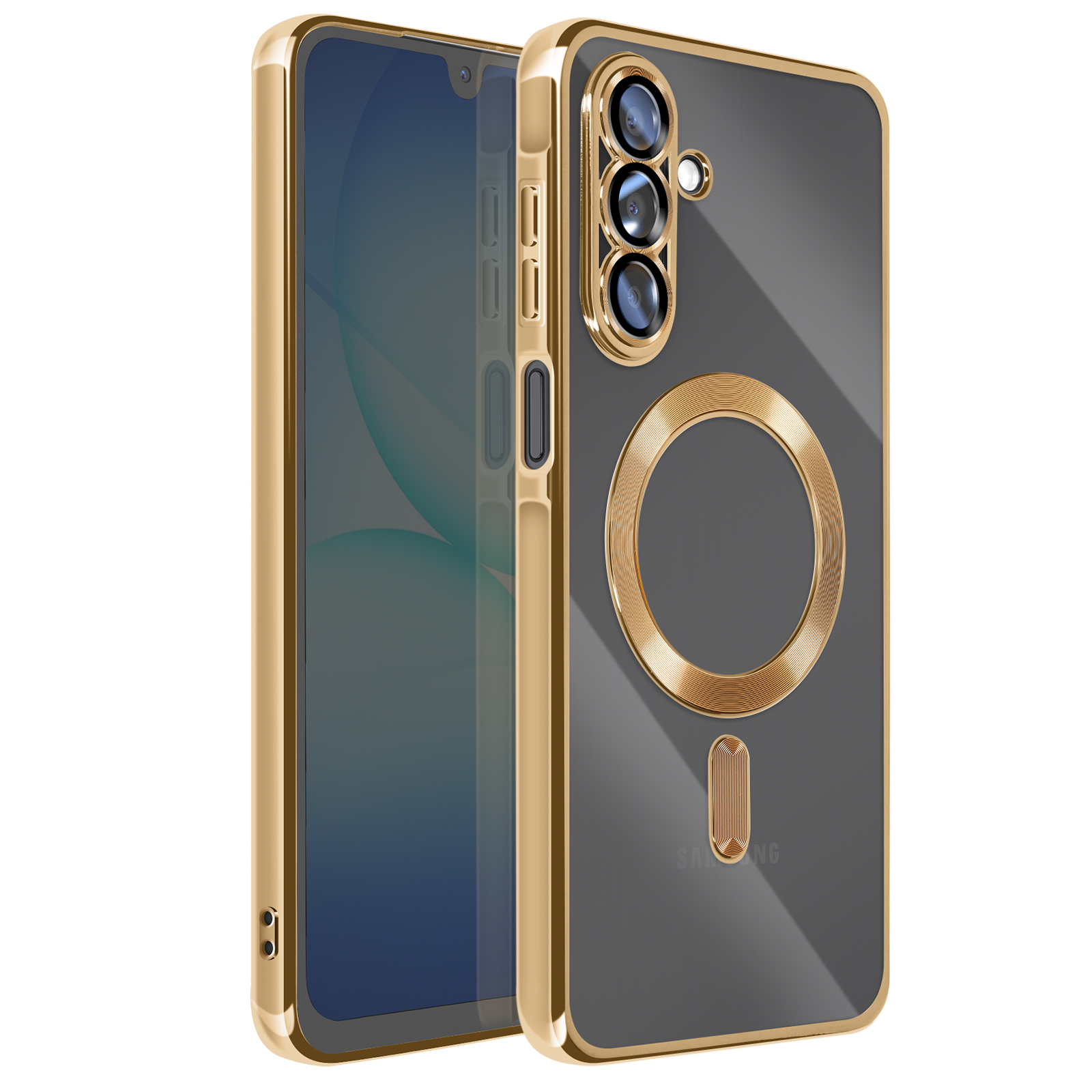 Een telefoon in een goudomrand hoesje. De hoes heeft een gouden ring en een rechthoek. De telefoon is zichtbaar door het hoesje.