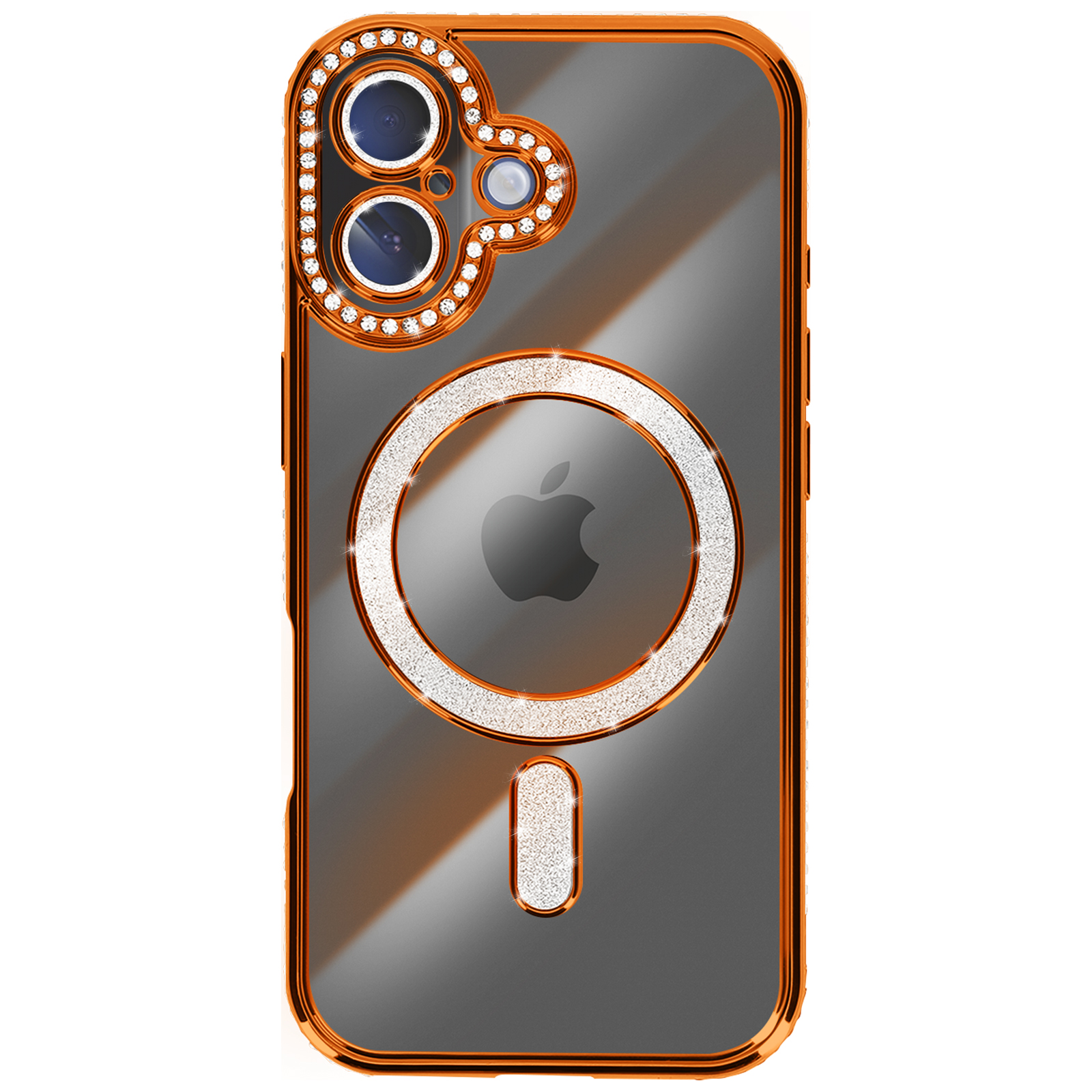 Une coque de téléphone avec une découpe de caméra, logo Apple et anneau MagSafe, le tout orné de strass, de couleur bronze.