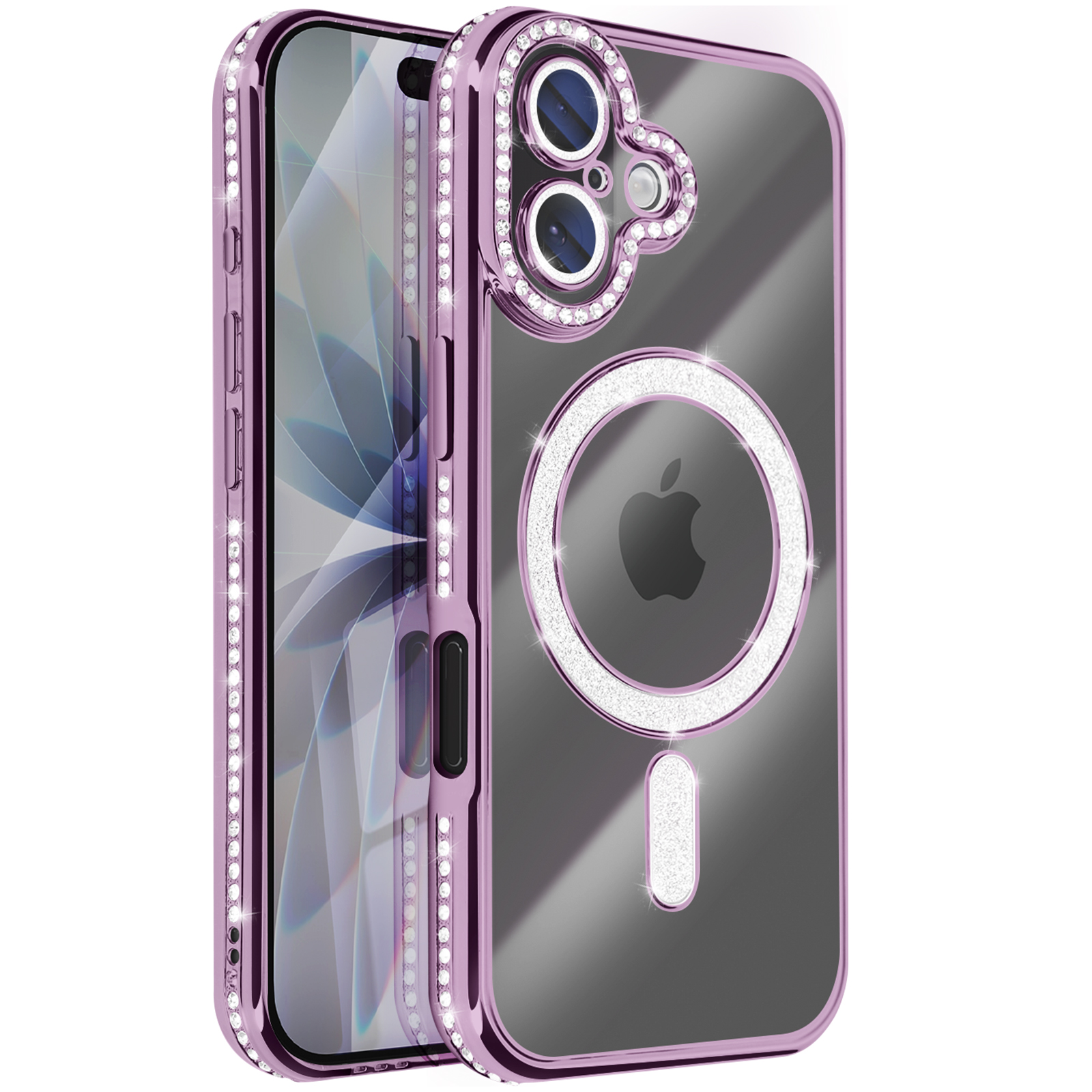 Une coque de téléphone avec un cadre violet et un dos transparent. Elle a des strass autour du cadre et de la zone de la caméra.