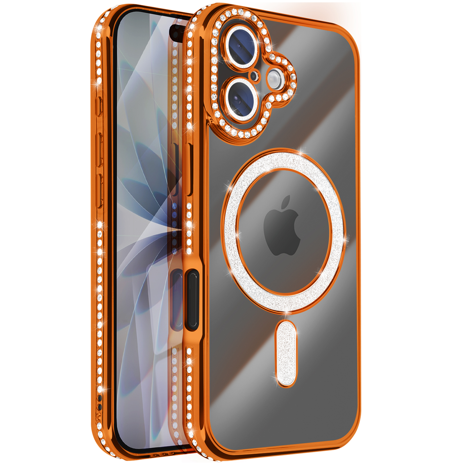 Une coque de téléphone orange avec des strass. Elle a un dos transparent, un logo Apple et des ornements de caméra.