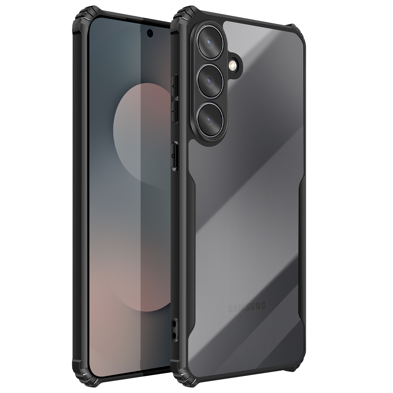 Due smartphone in custodie protettive. Uno mostra lo schermo, l'altro presenta lenti della fotocamera e logo Samsung.