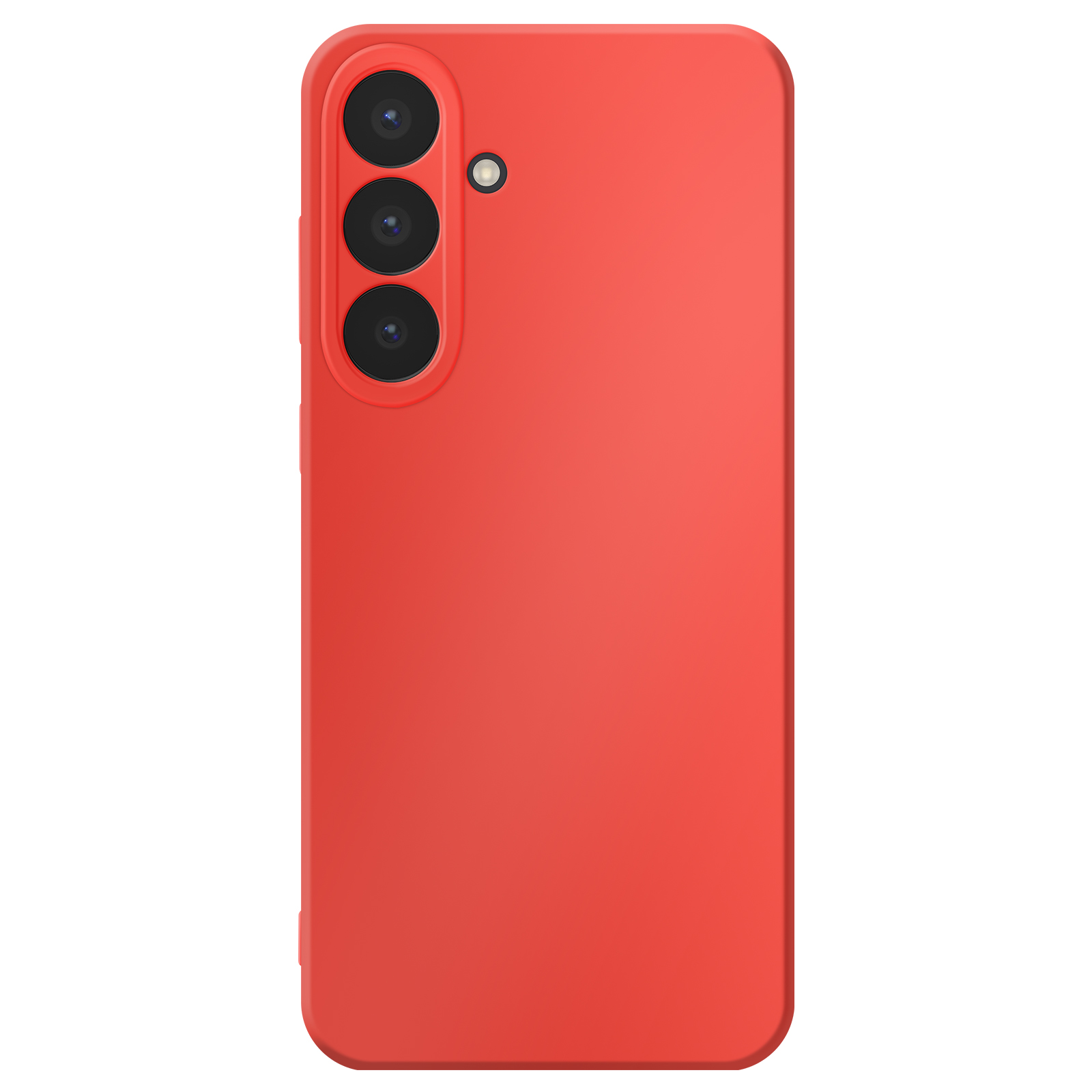 Custodia per telefono rossa con tre obiettivi e un flash. La custodia è su sfondo bianco.