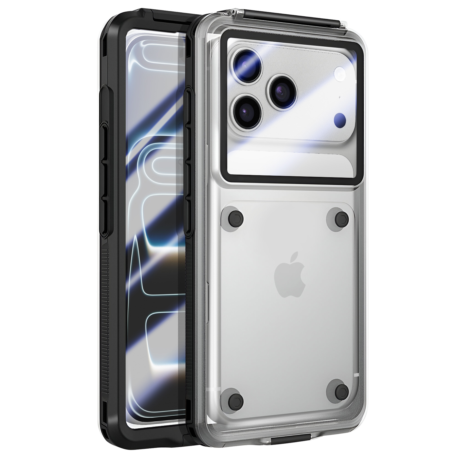 Gezeigt wird eine transparente iPhone-Hülle mit schwarzem Rahmen links und silberner Rückseite. Die Hülle hat drei Kameralinsen.