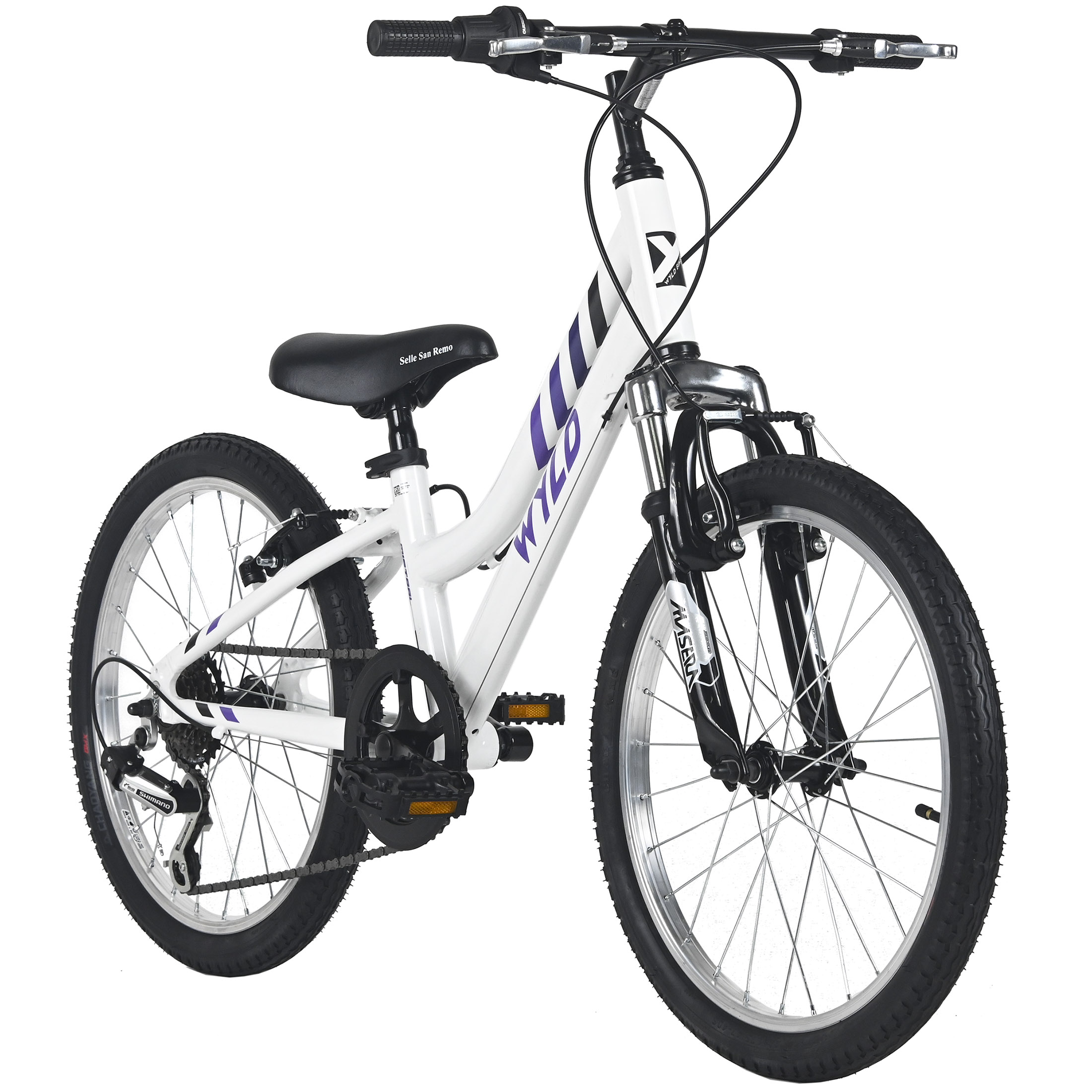 Ein weißes und lila Wild-Fahrrad. Es hat schwarze Reifen, Sitz und Lenker. Der Hintergrund ist weiß.