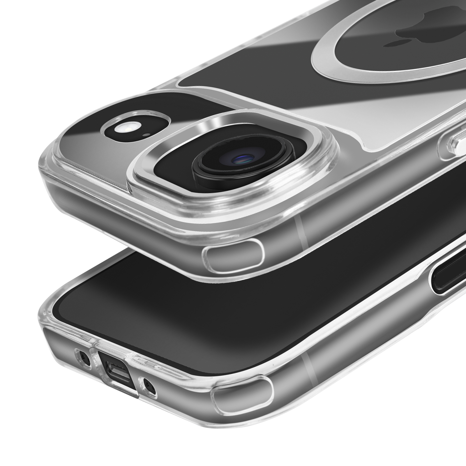 Een doorzichtige telefoonhoes, met cameralenzen en rand, op een telefoon.