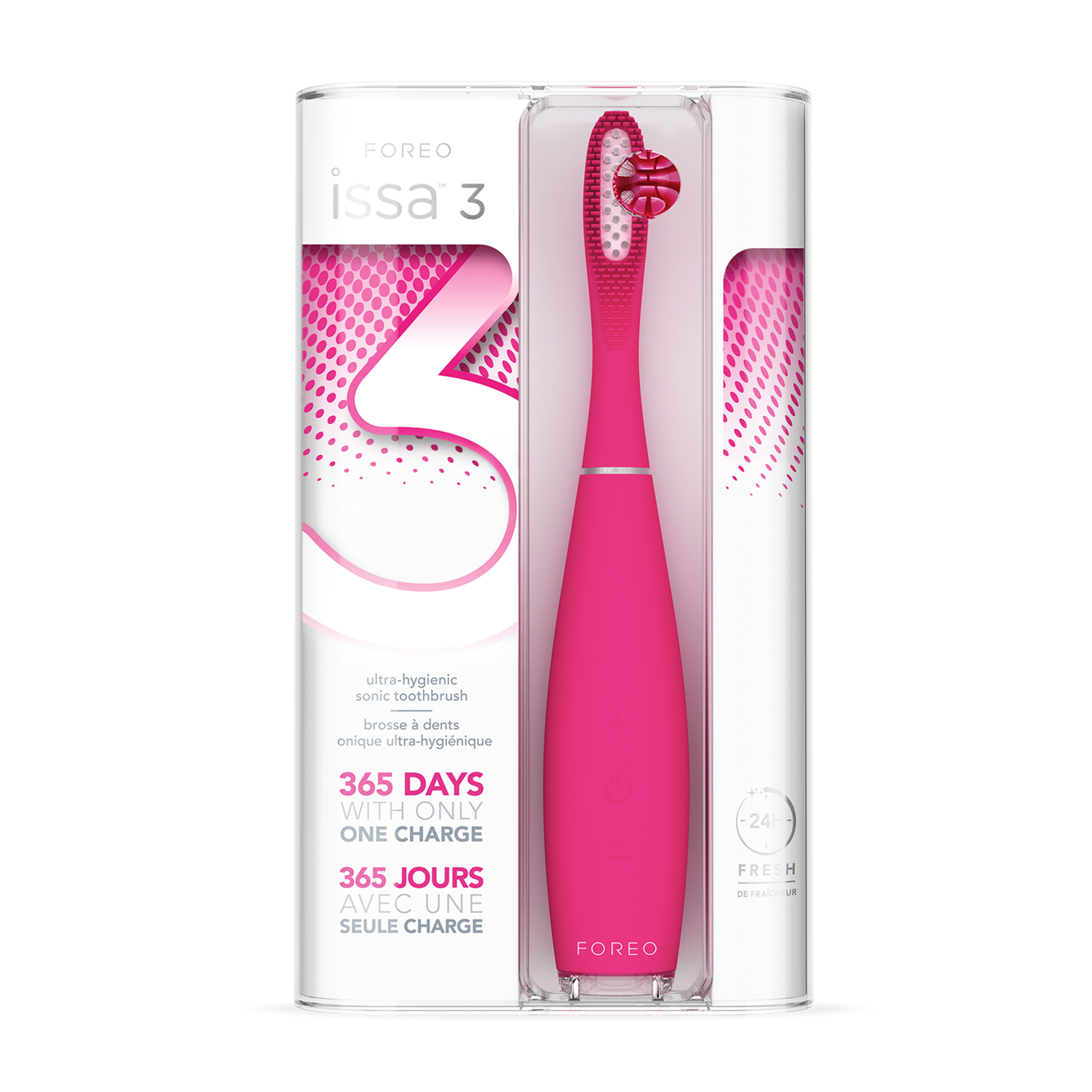 Un cepillo de dientes rosa Foreo Issa 3 en un paquete transparente. El texto incluye '365 días con una carga'.