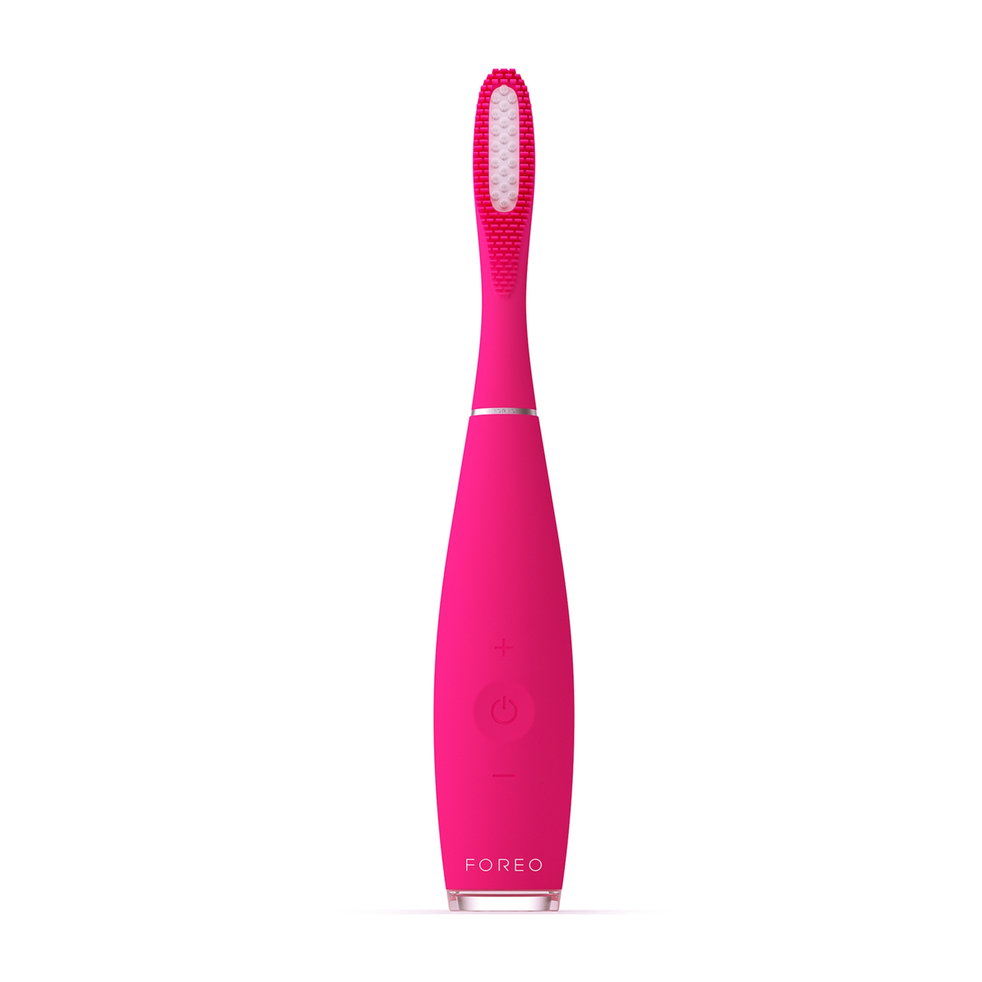 Un cepillo de dientes eléctrico rosa. Tiene un mango redondeado con botones de encendido e intensidad. El cabezal es blanco.