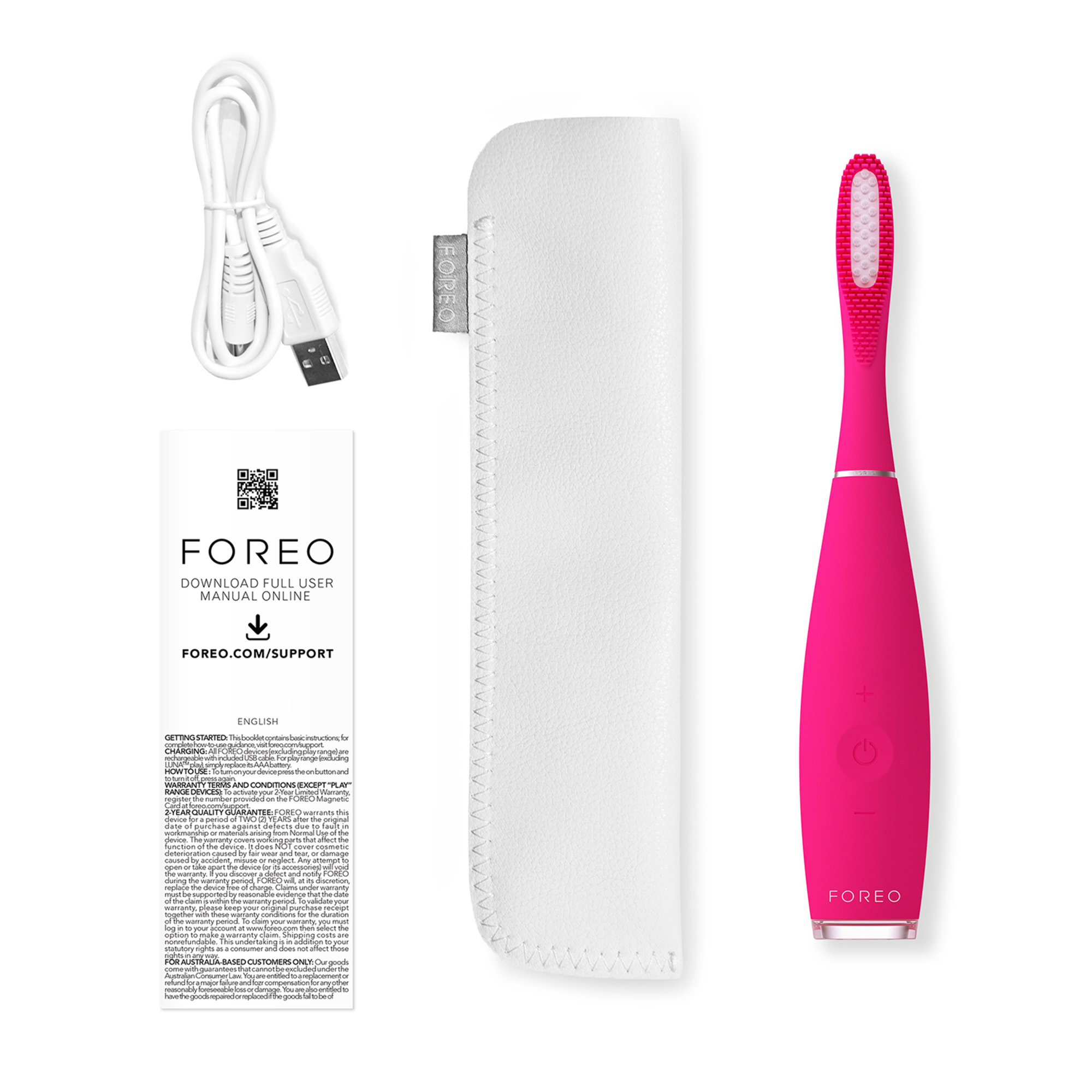 Un cepillo de dientes eléctrico rosa, cable USB blanco, estuche blanco y manual de usuario sobre superficie blanca.