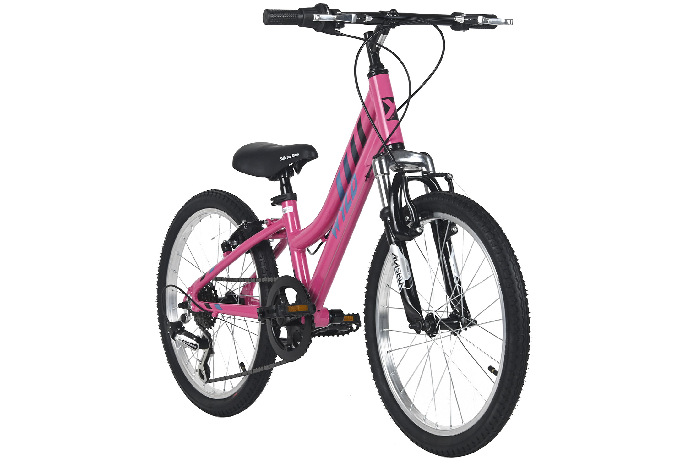 Ein rosa Fahrrad mit schwarzen Reifen und Lenker. Der Hintergrund ist weiß.