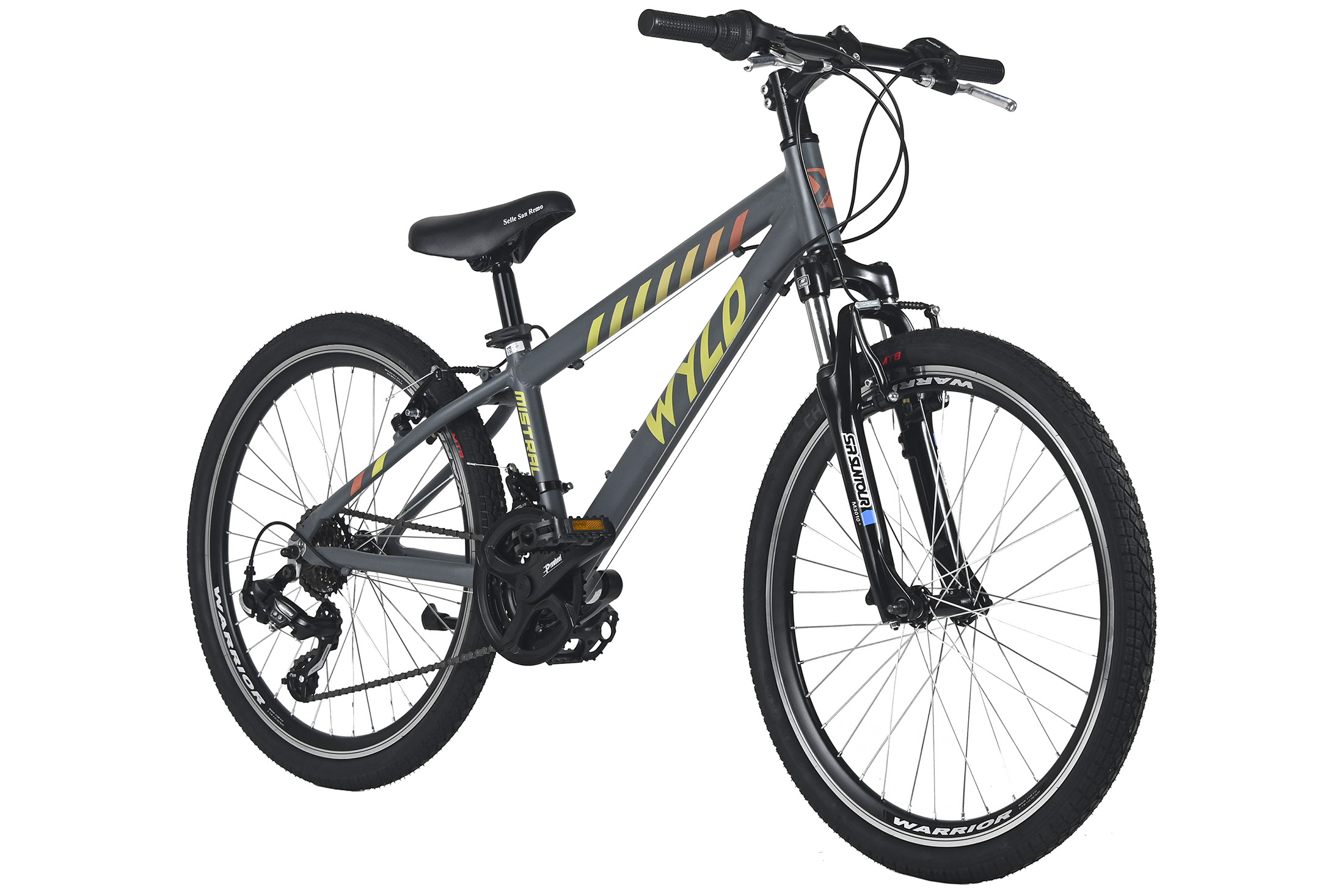 Ein graues Mountainbike mit schwarzen Reifen und Akzenten. Der Rahmen trägt die Aufschrift 'WYLD' und 'MISTRAL'. Der Hintergrund ist weiß.