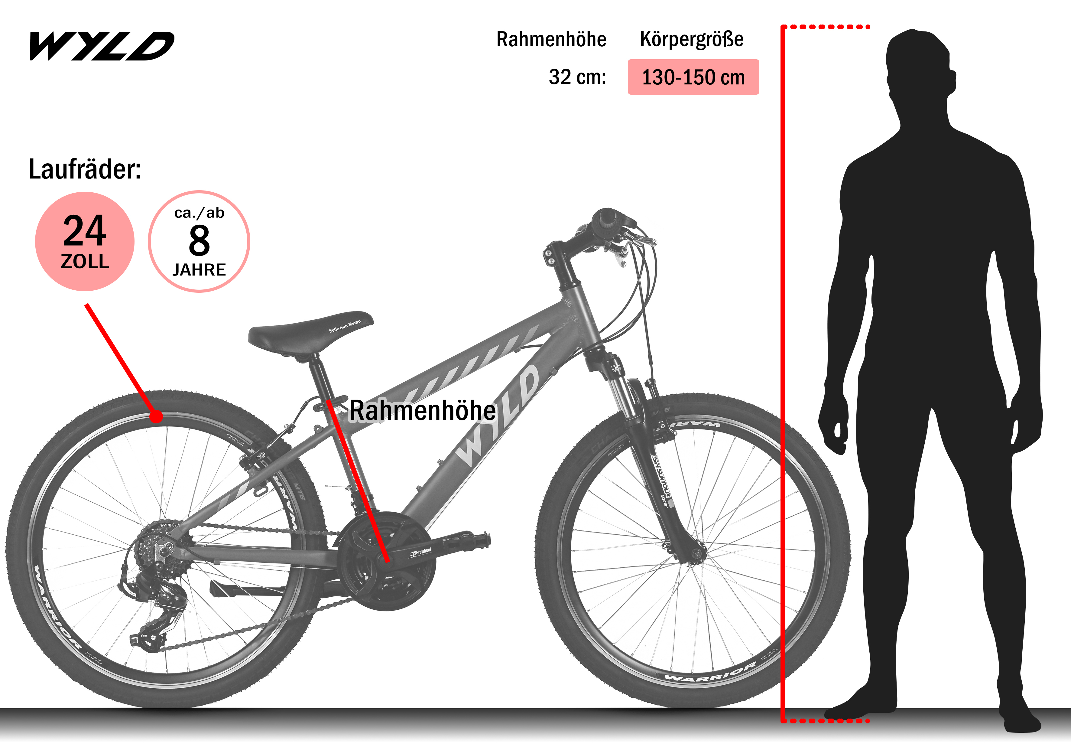 Ein Fahrrad mit 24-Zoll-Rädern und einer Rahmenhöhe von 32 cm. Geeignet für 8 Jahre und älter, mit 130-150 cm Größe.