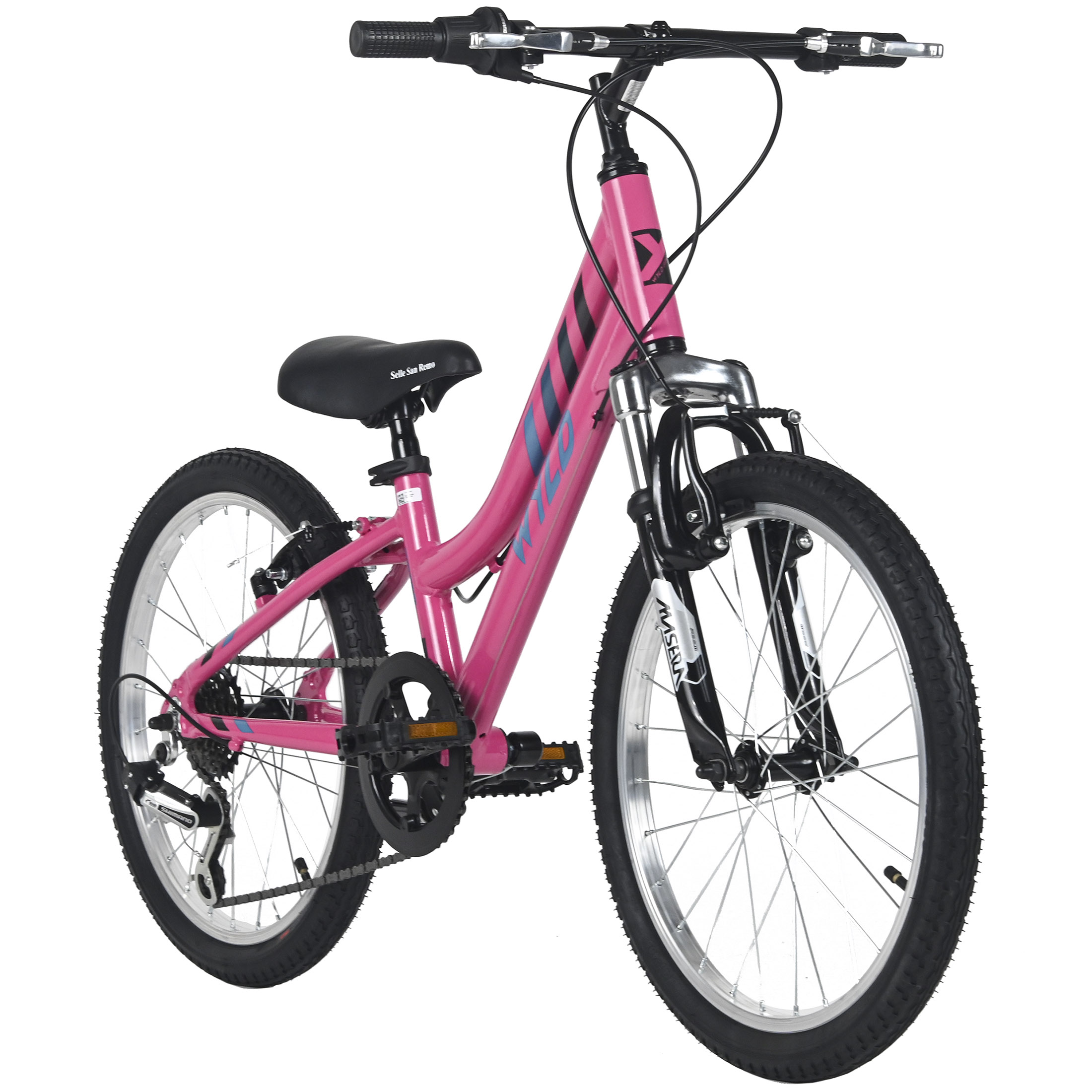 Ein rosa Fahrrad mit schwarzen Reifen und Akzenten ist vor weißem Hintergrund isoliert.