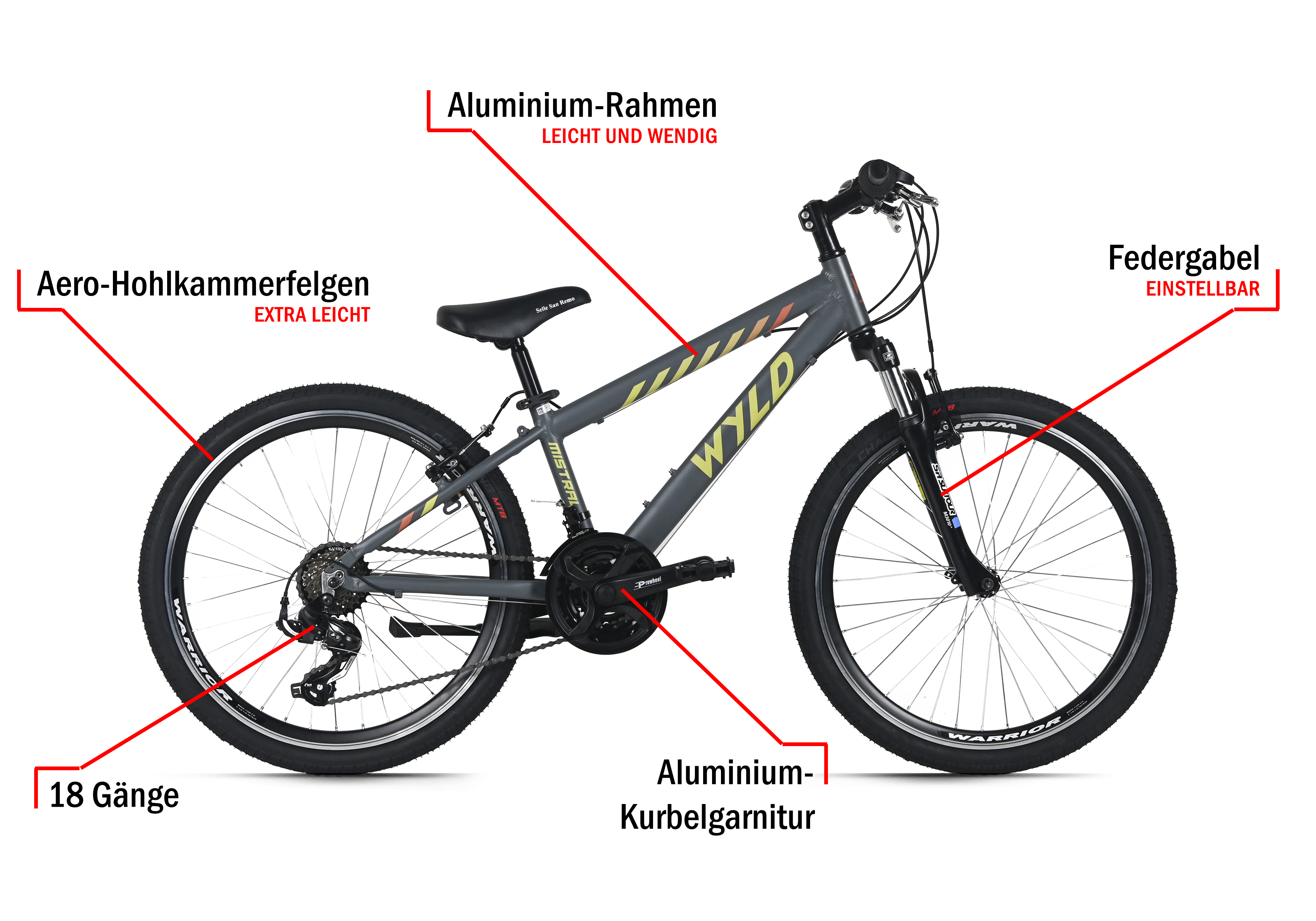 Graues Fahrrad mit schwarzen Reifen und Komponenten, gekennzeichnet mit Merkmalen wie Aluminiumrahmen und 18 Gängen.