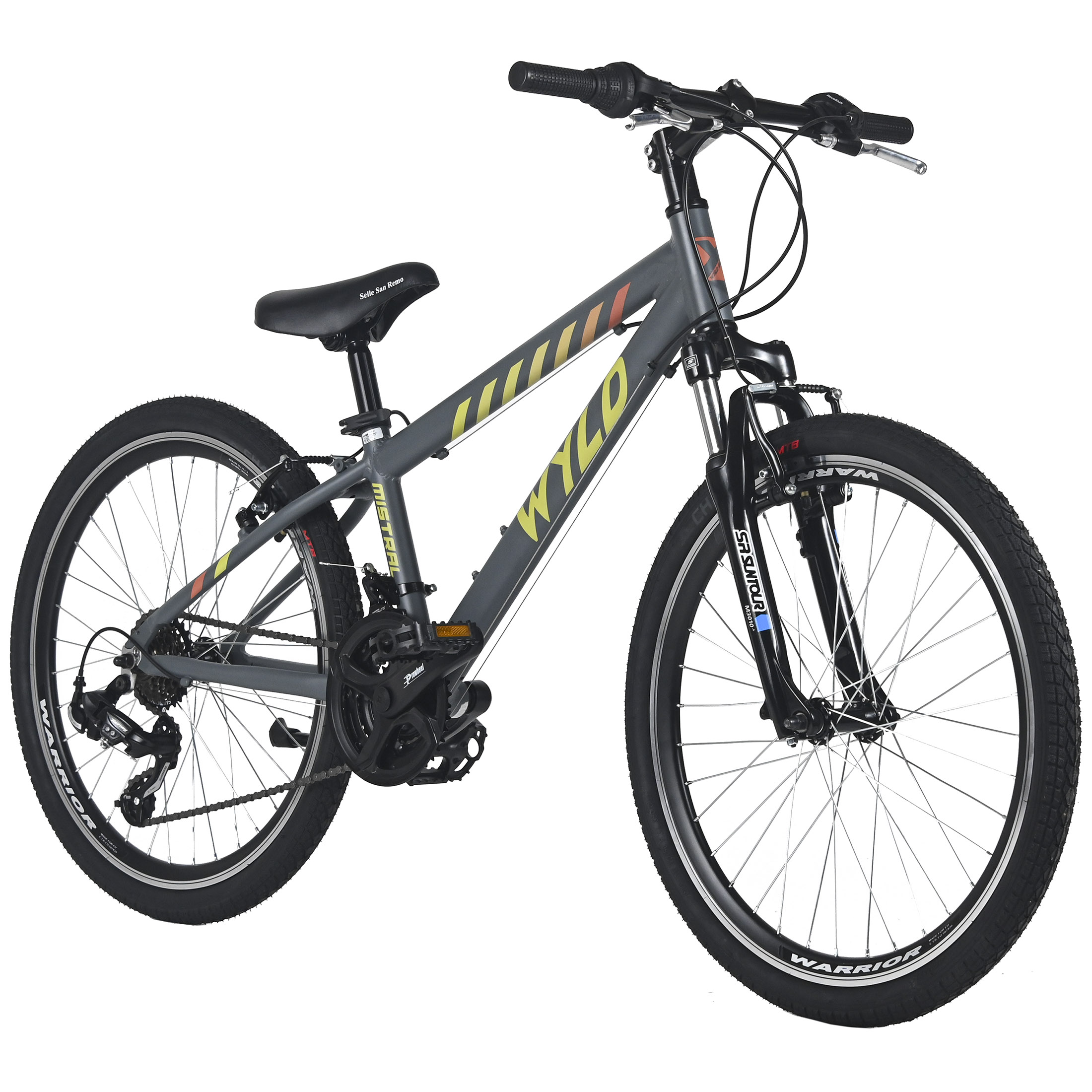 Ein graues Mountainbike mit schwarzen Reifen und Lenker. Der Rahmen hat gelbe und rote Akzente. Das Fahrrad steht vor weißem Hintergrund.