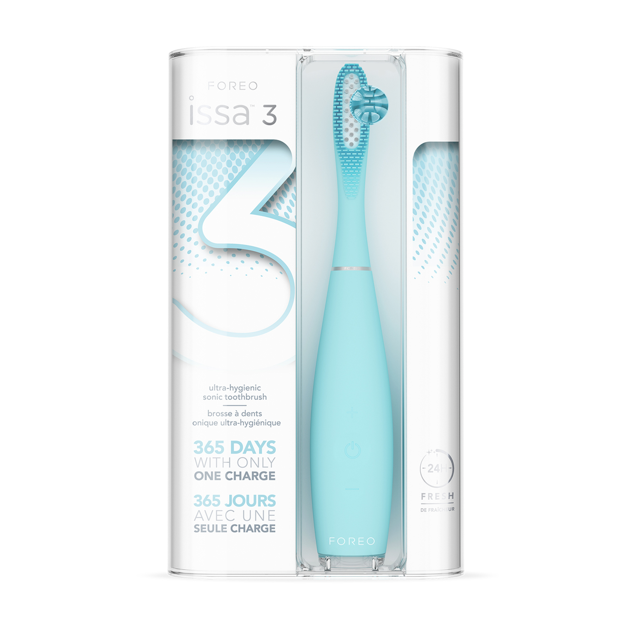 Un cepillo de dientes Foreo Issa 3 de color menta en su embalaje transparente. El texto del paquete dice: 365 días con una carga.