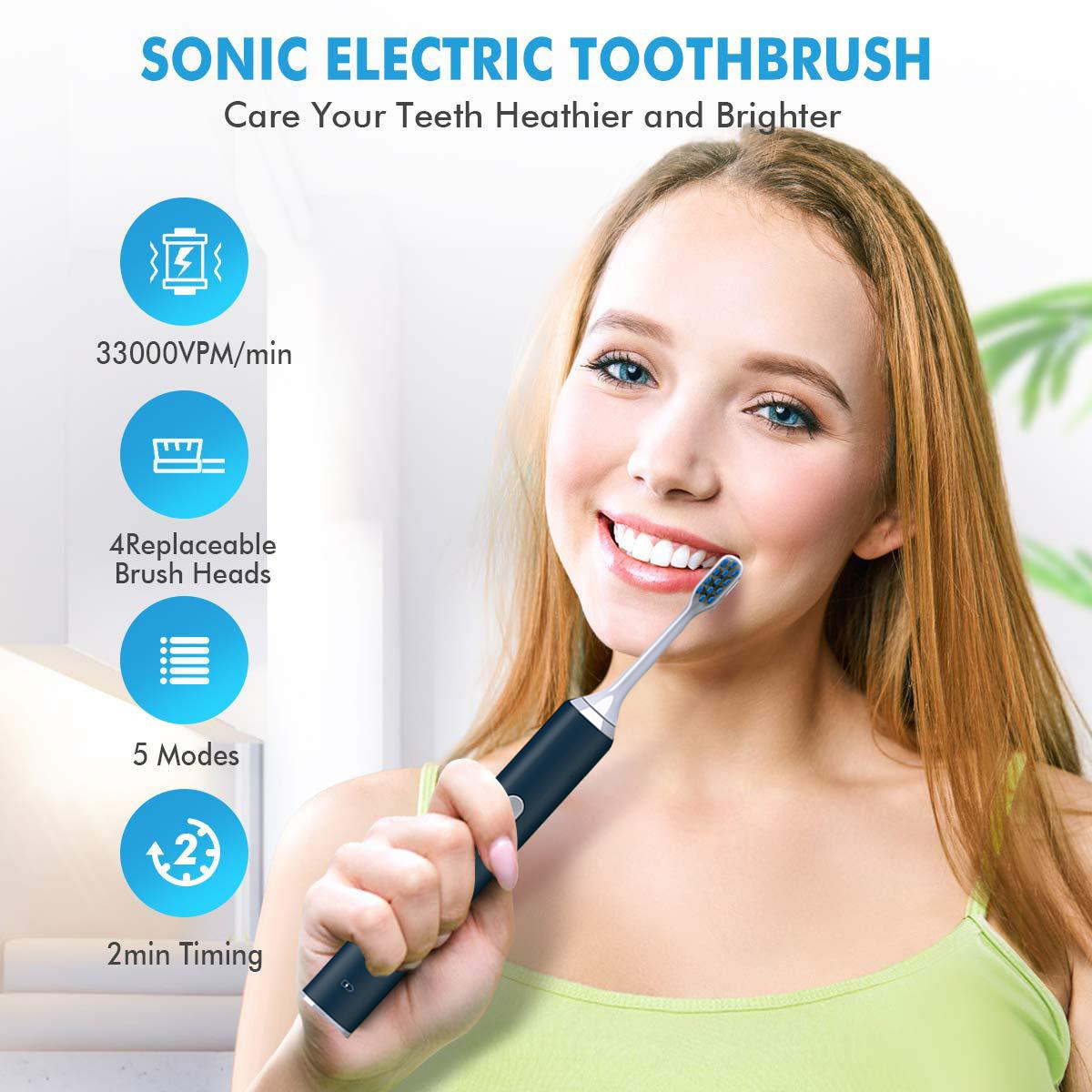 Eine lächelnde Frau hält eine blaue und silberne elektrische Zahnbürste. Der Text oben sagt 'Sonic Electric Toothbrush'. Merkmale sind aufgelistet.
