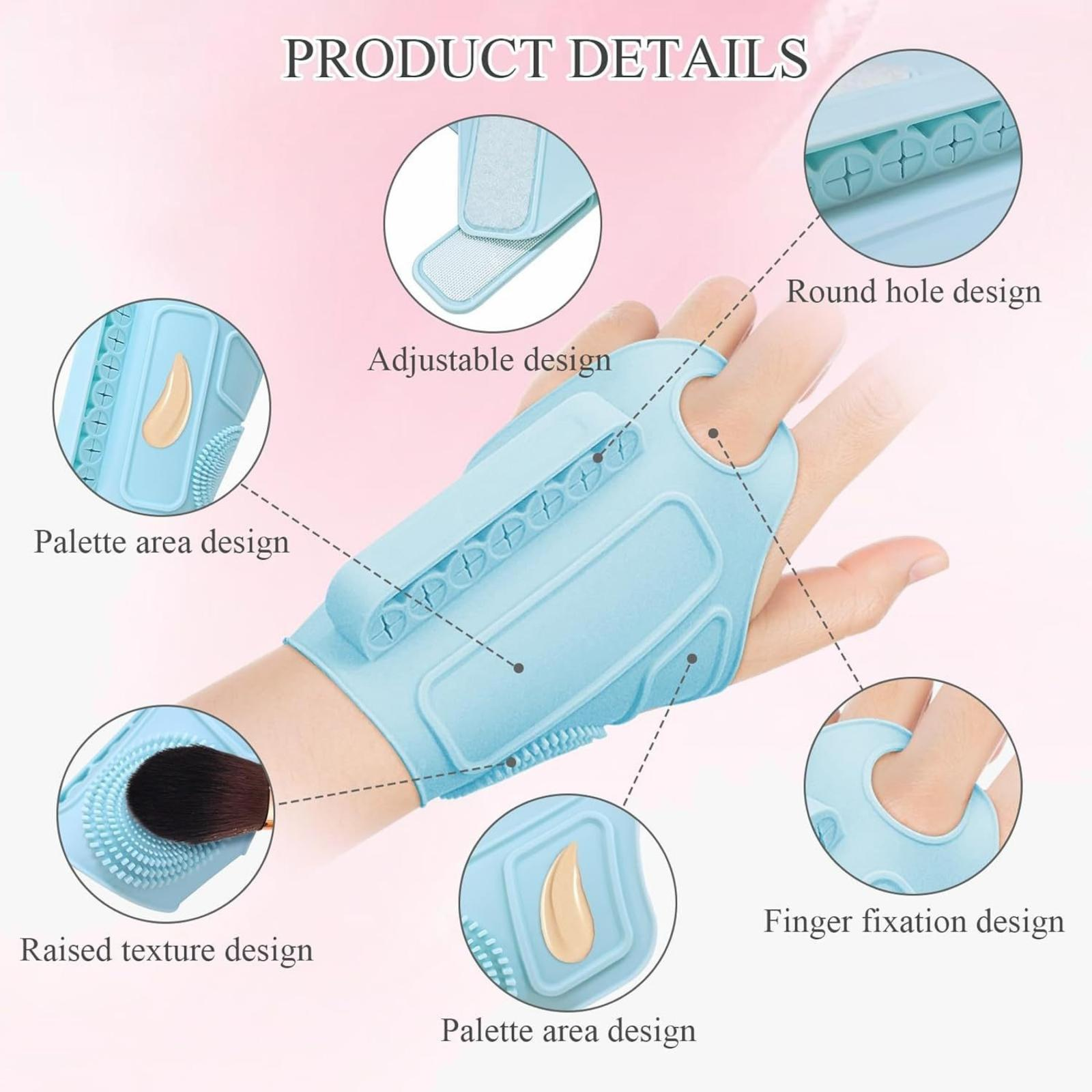 Ein blauer Handschuh mit verschiedenen Designs für das Make-up-Auftragen. Er verfügt über erhabene Strukturen, runde Löcher und verstellbare Riemen.