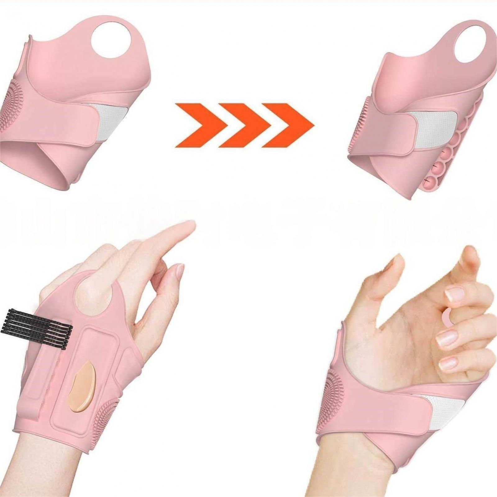 Rosa Handgelenkbandage mit Bürste, Pfeilgrafik und Hand mit Bandage. Demonstriert Anwendung.