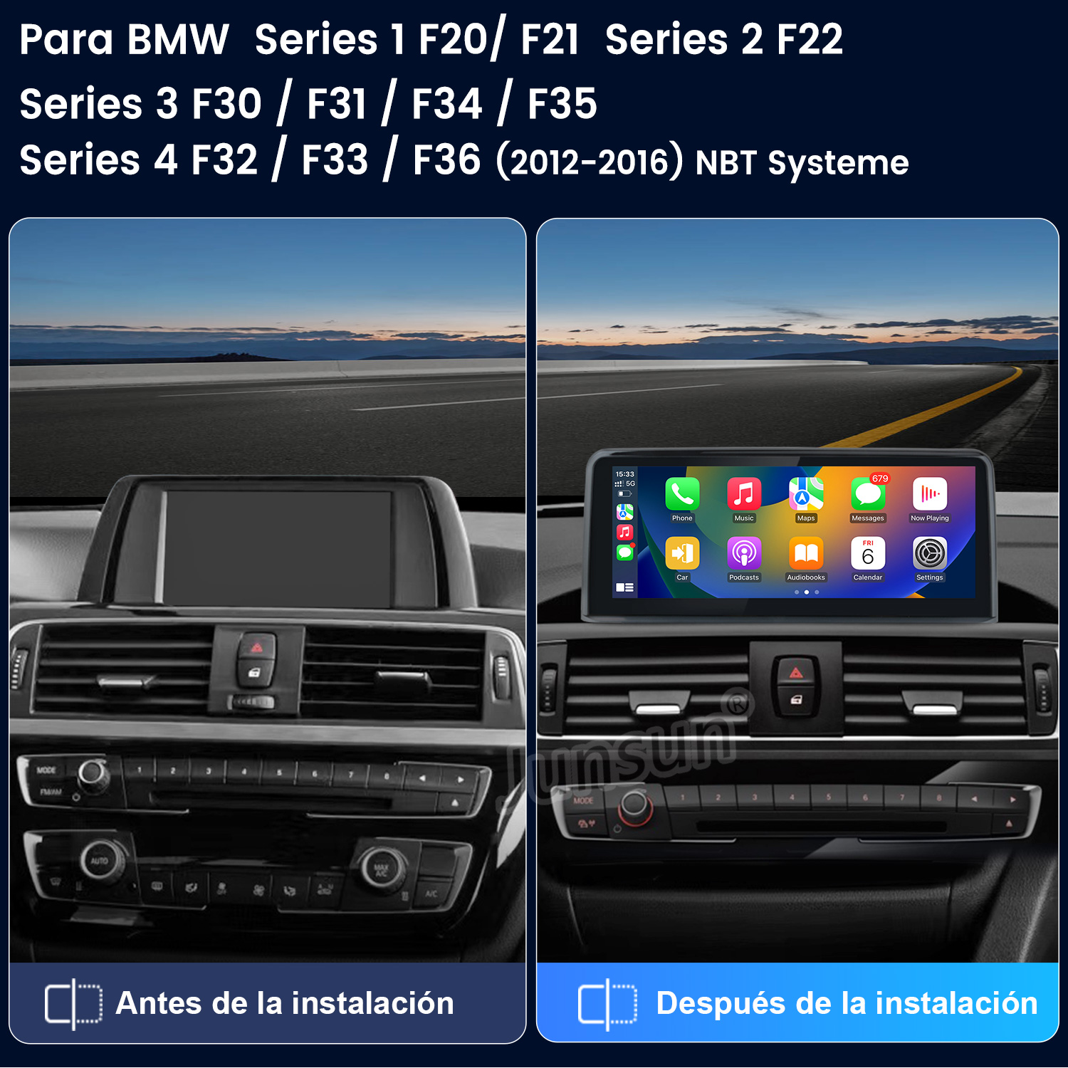 La imagen muestra el salpicadero de un coche antes y después de la instalación de una nueva pantalla. El lado derecho muestra una interfaz moderna con iconos de aplicaciones.
