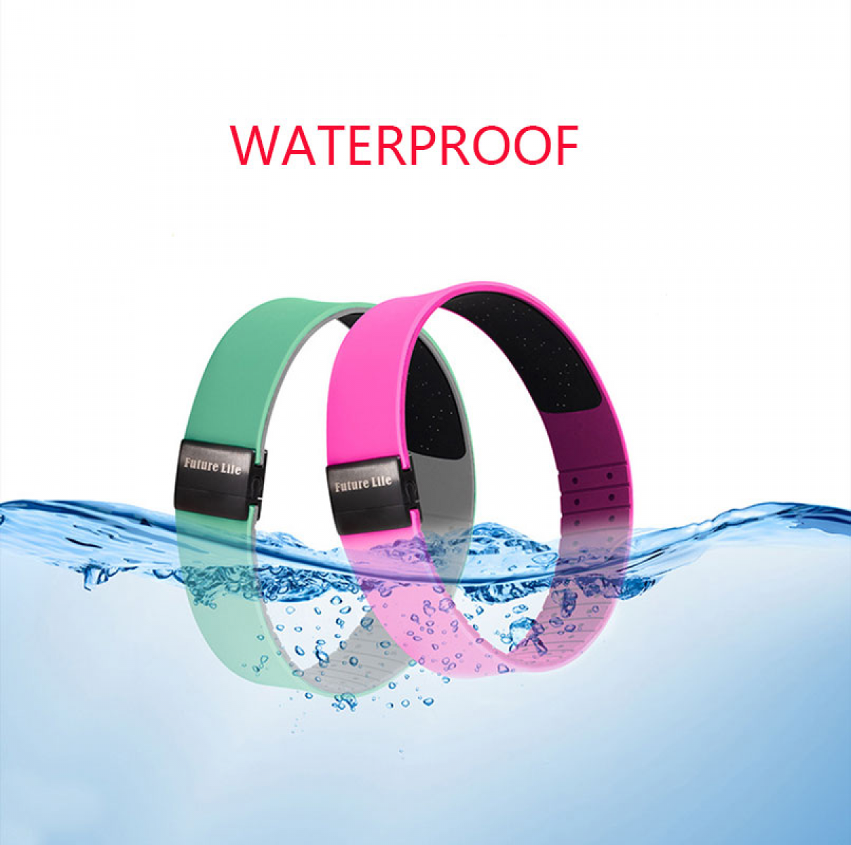 Zwei bunte Stirnbänder, grün und rosa, teilweise in Wasser getaucht. Das Wort WATERPROOF steht rot darüber.