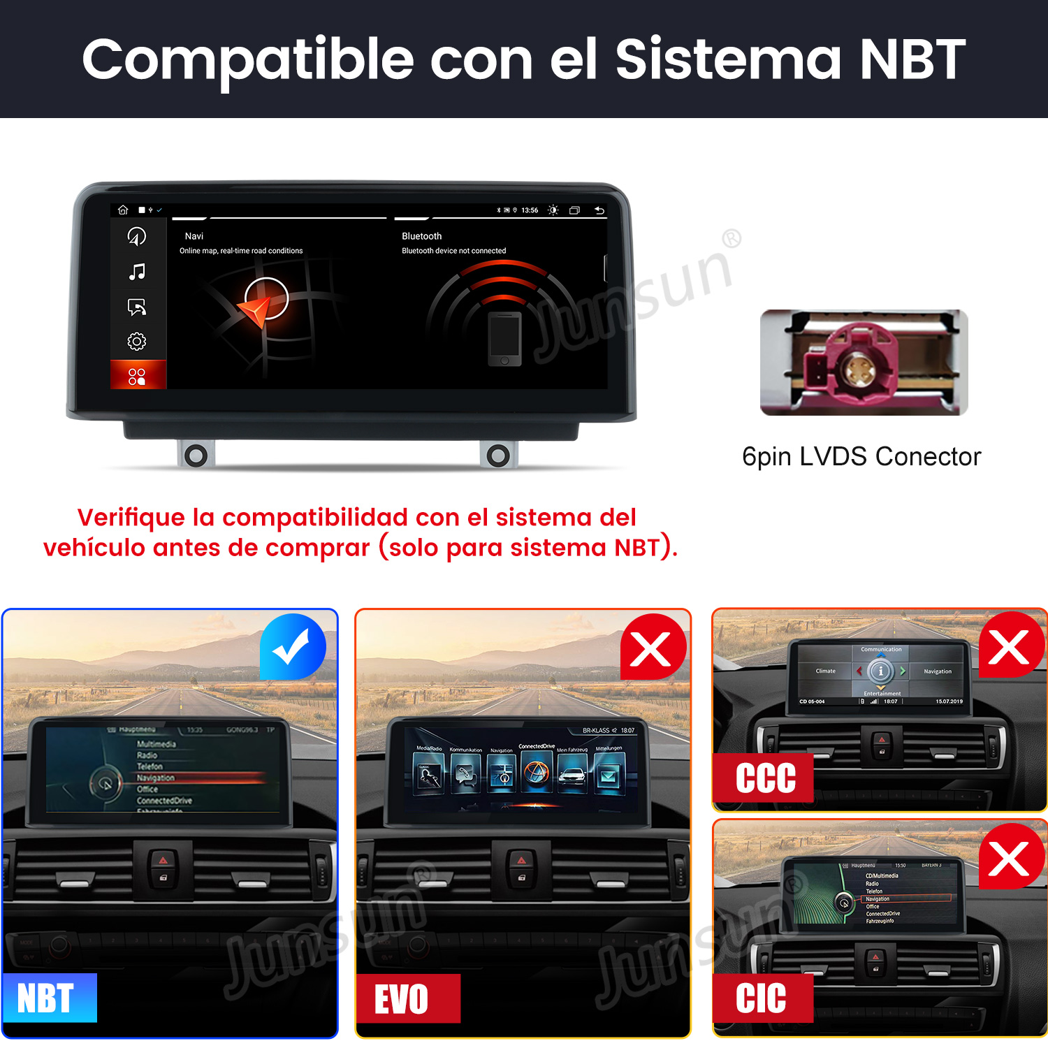 La imagen muestra sistemas de infoentretenimiento para automóviles. Muestra advertencias de compatibilidad, con diferentes tipos de sistemas marcados.