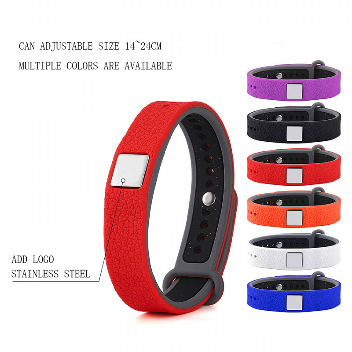 Das Bild zeigt ein rotes Fitness-Tracker-Armband. Mehrere Farben ähnlicher Armbänder werden ebenfalls präsentiert. Text: Einstellbare Größe und Logo hinzufügen.