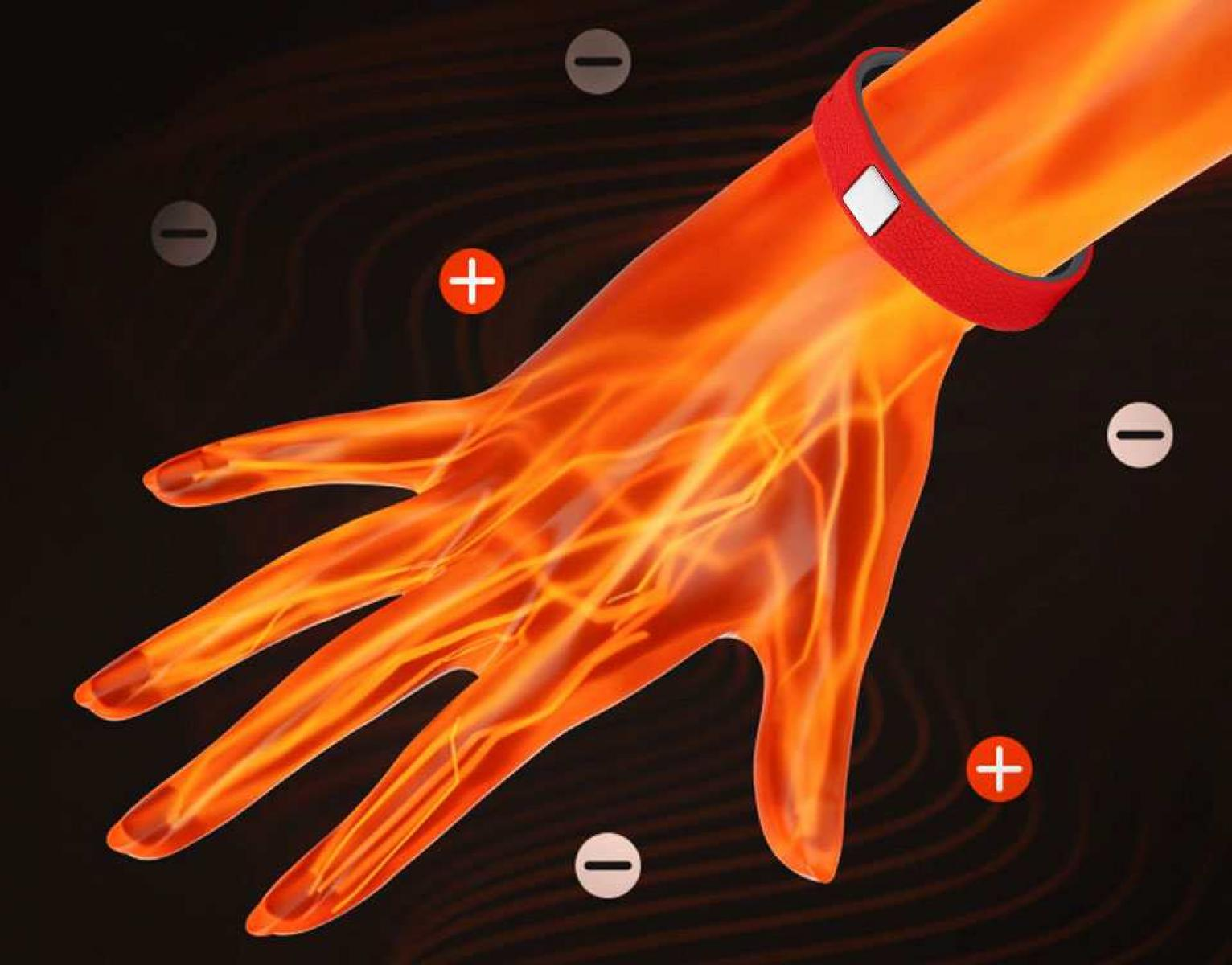 Eine orangefarbene, glühende Hand mit einem roten Armband. Positive und negative Symbole umgeben die Hand. Adern sind sichtbar.